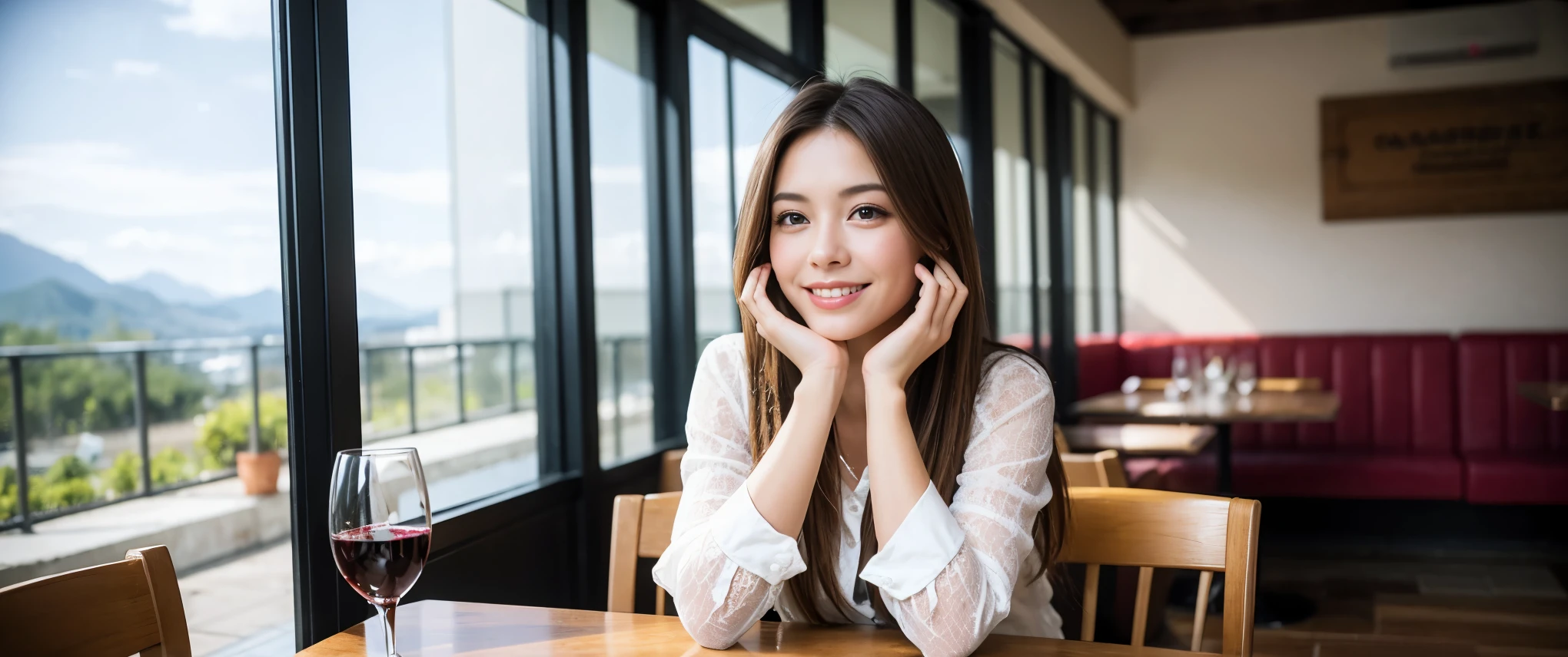((highest quality、8k、masterpiece:1.3))、1 male、1 female、Couple、spouse、Couple、Slim body、((Bob Hale、Straight hair:1.2)), (Realistic, Intricate details:1.2), Wine glass on the table、Shine light on your face、 Amazing view of the sunset sky and clouds、Amazing mountain views、A bright smile、The wonderfulness of smile、Bright image、The beauty of wine, Beautiful Face, blue eyes, The light shines on your face, Blushing, short hair,Bright Face、 (Age 37), 39 years old, red wine 、Appetizers、Italian food、Wine bottle、Champagne、sparkling wine、Two beauties、Brown Hair、Shortcuts、Long sleeve shirt、dress、Pretty Woman 1, (Slim face), (The body is slim), (Brown Hair), (Shortcuts), cheeks turn a little red,Attractive beauty、restaurant, In a prominent place (From the waist up) Nova Frog Style, actress, model, Upper Body, White wine, slim, wine glass, Wine glass placed in the center, smile, (smile: 1.15), Beautiful fine grain, Depth f/2,saturation, High Contrast, Strong light and shadow,Moist Body:1.5、3D texture、Delicate eyes、Brown Hair、The hair is very shiny、