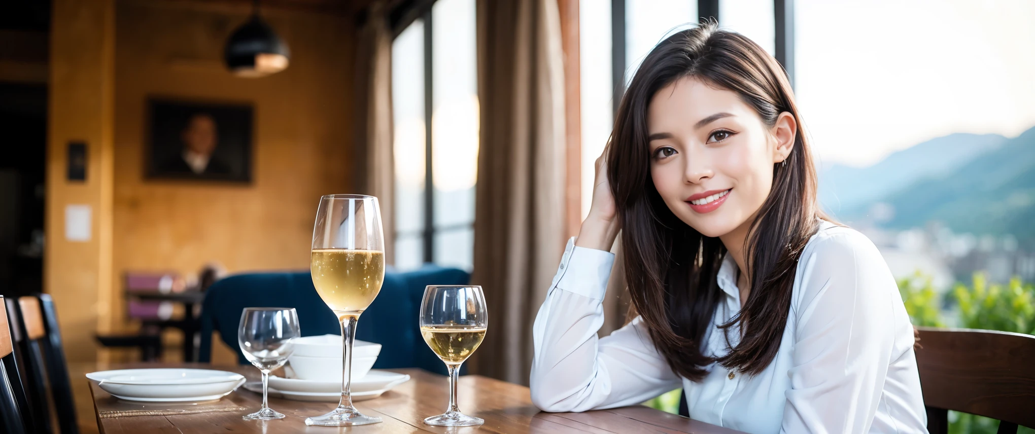 ((highest quality、8k、masterpiece:1.3))、1 male、1 female、Couple、spouse、Couple、Slim body、((Bob Hale、Straight hair:1.2)), (Realistic, Intricate details:1.2), Wine glass on the table、Shine light on your face、 Amazing view of the sunset sky and clouds、Amazing mountain views、A bright smile、The wonderfulness of smile、Bright image、The beauty of wine, Beautiful Face, blue eyes, The light shines on your face, Blushing, short hair,Bright Face、 (Age 37), 39 years old, red wine 、Appetizers、Italian food、Wine bottle、Champagne、sparkling wine、Two beauties、Brown Hair、Shortcuts、Long sleeve shirt、dress、Pretty Woman 1, (Slim face), (The body is slim), (Brown Hair), (Shortcuts), cheeks turn a little red,Attractive beauty、restaurant, In a prominent place (From the waist up) Nova Frog Style, actress, model, Upper Body, White wine, slim, wine glass, Wine glass placed in the center, smile, (smile: 1.15), Beautiful fine grain, Depth f/2,saturation, High Contrast, Strong light and shadow,Moist Body:1.5、3D texture、Delicate eyes、Brown Hair、The hair is very shiny、