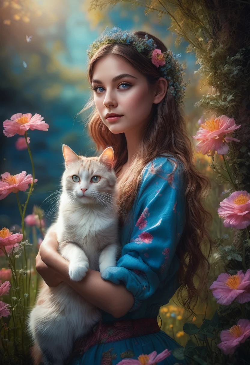 Girl with Cat, a beautiful girl with a cat, girl with a cute cat, girl petting a cat, girl in a flowery meadow with a cat, girl in a dreamy landscape with a cat, girl in a fantasy forest with a cat, photorealistic portrait of a girl and her cat, highly detailed digital painting of a girl and her feline companion, girl cuddling a cat in a serene natural setting, girl playing with a cat in a whimsical outdoor scene, (best quality,4k,8k,highres,masterpiece:1.2),ultra-detailed,(realistic,photorealistic,photo-realistic:1.37),vivid colors,intricate details,natural lighting,warm color palette,soft focus,beautiful detailed eyes,beautiful detailed lips,extremely detailed eyes and face,longeyelashes,1girl,cat,flower field,fantasy landscape,vibrant colors,depth of field,cinematic lighting