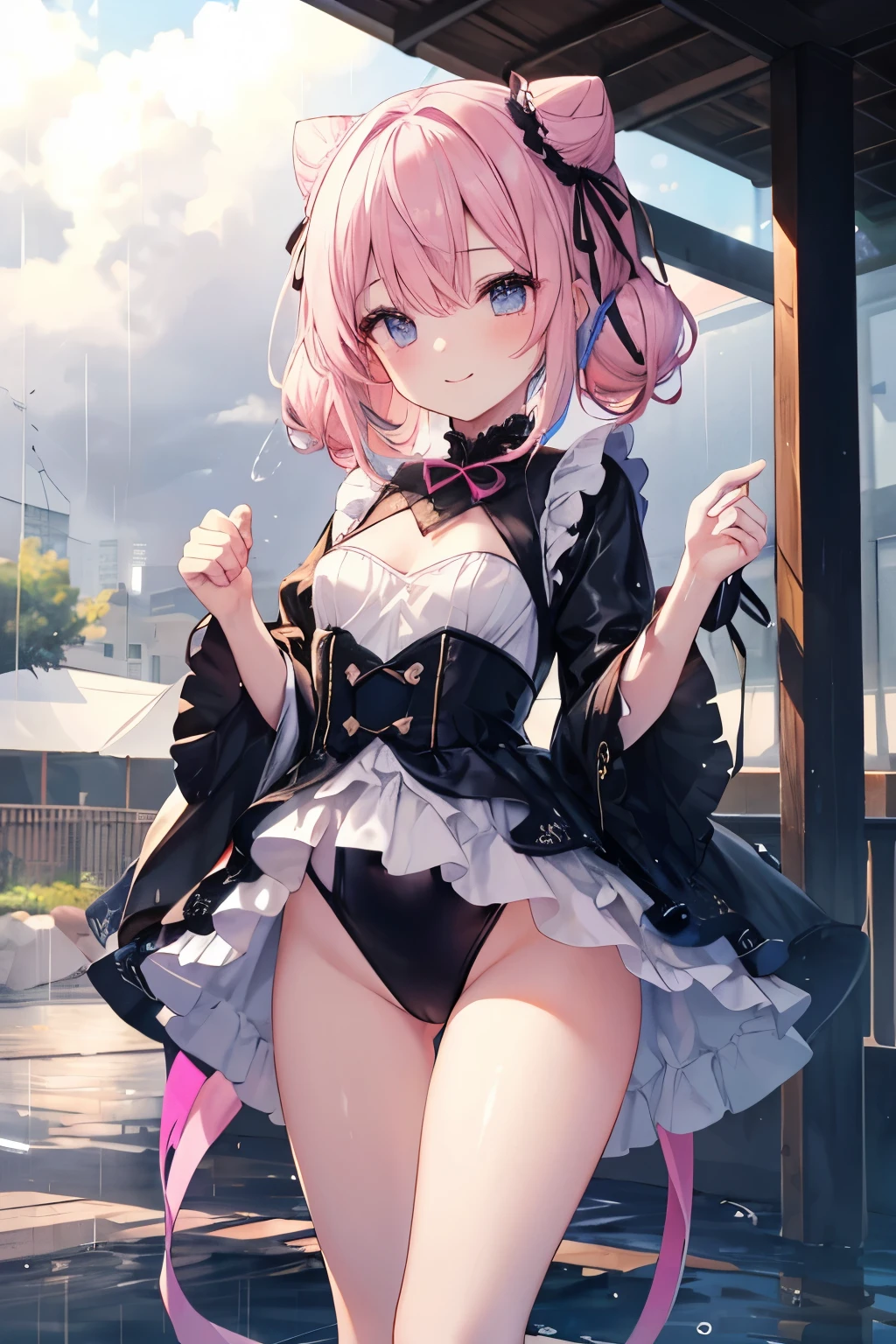Pink Hair、ピンク目girl、Small breasts、Hair Bun、girl、Small breasts、ta、Bright smile、Looks about 15 yan Musume、short、目のhighlight、Sexy thighs、雨☔️、Wet costume、Your eyes are so beautiful、highlight