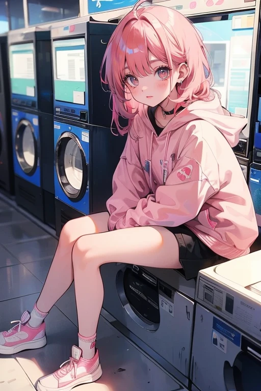 1girl,solo,cute,blush,pink hair,under wear,waiting,sitting a sofa,in laundromat,around laundry