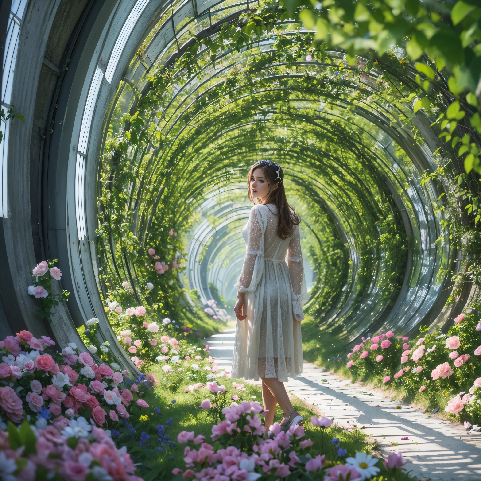 Best quality,masterpiece,16k,In the curved tunnel,A tunnel surrounded by flowers,Futuristic,Future Technology Tunnel,Complex structure,1girl,Dynamic poses,Looking at the camera,Girl being chased by monster