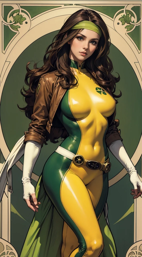 (masterpiece:1.0), (best_quality:1.2), Classic Rogue, 1991 Rogue X-Men, 1 girl, Only 1, full body view, medium length hair, brown hair, wavy hair, messy hair, one lock of white hair, green eyes, mischievous look, smirking, fit figure, curvy figure, medium breasts, lipstick, makeup, jacket, green headband, belt, yellow gloves, skin tight bodysuit, open jacket, light source from above, (realism: 1.5), (Realistic: 1.4), (Absurdity:1.4), 8k, ultra-detailed, Detailed Beautiful Woman, (Art Nouveau style), influence by John William Waterhouse and Alphons Mucha, circles, banners, background colors: green, gold, yellow, white, beige