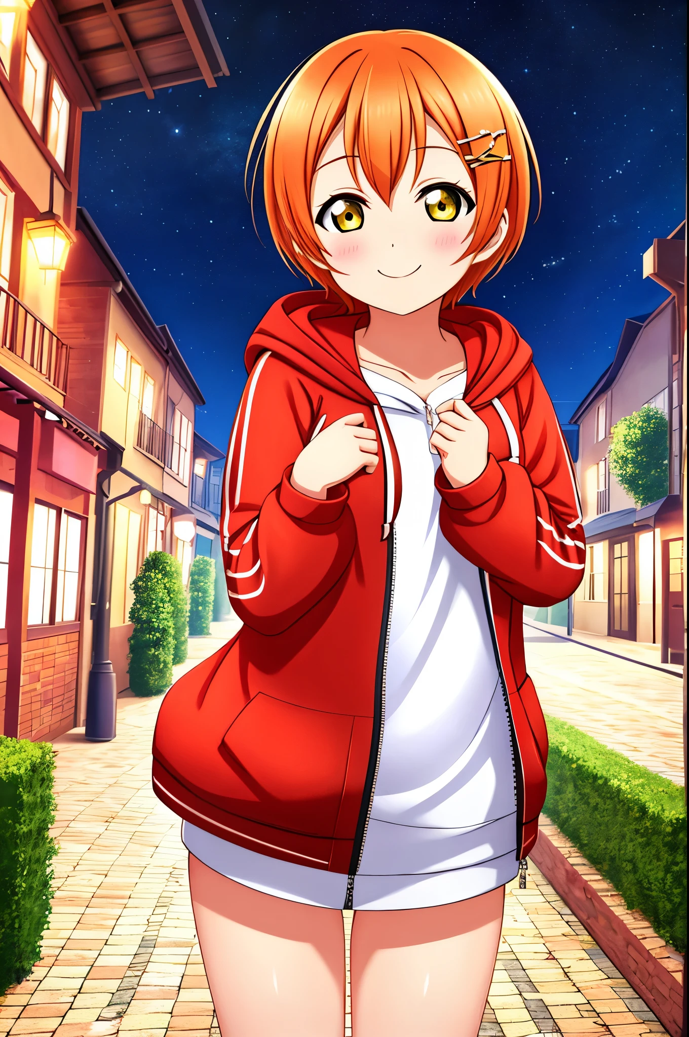 Masterpiece, best quality, cowboy shot, Hoshizora rin, orange hair, floating hair, yellow eyes,solo, looking_at_viewer, blush, short_hair, long_sleeves, collarbone, yellow_eyes, hair ornaments, hands in pocket, village street, hood, bare_legs, hoodie, standing, hood_down, zipper, naked_hoodie,thicc thighs, bottomless, smile , night
