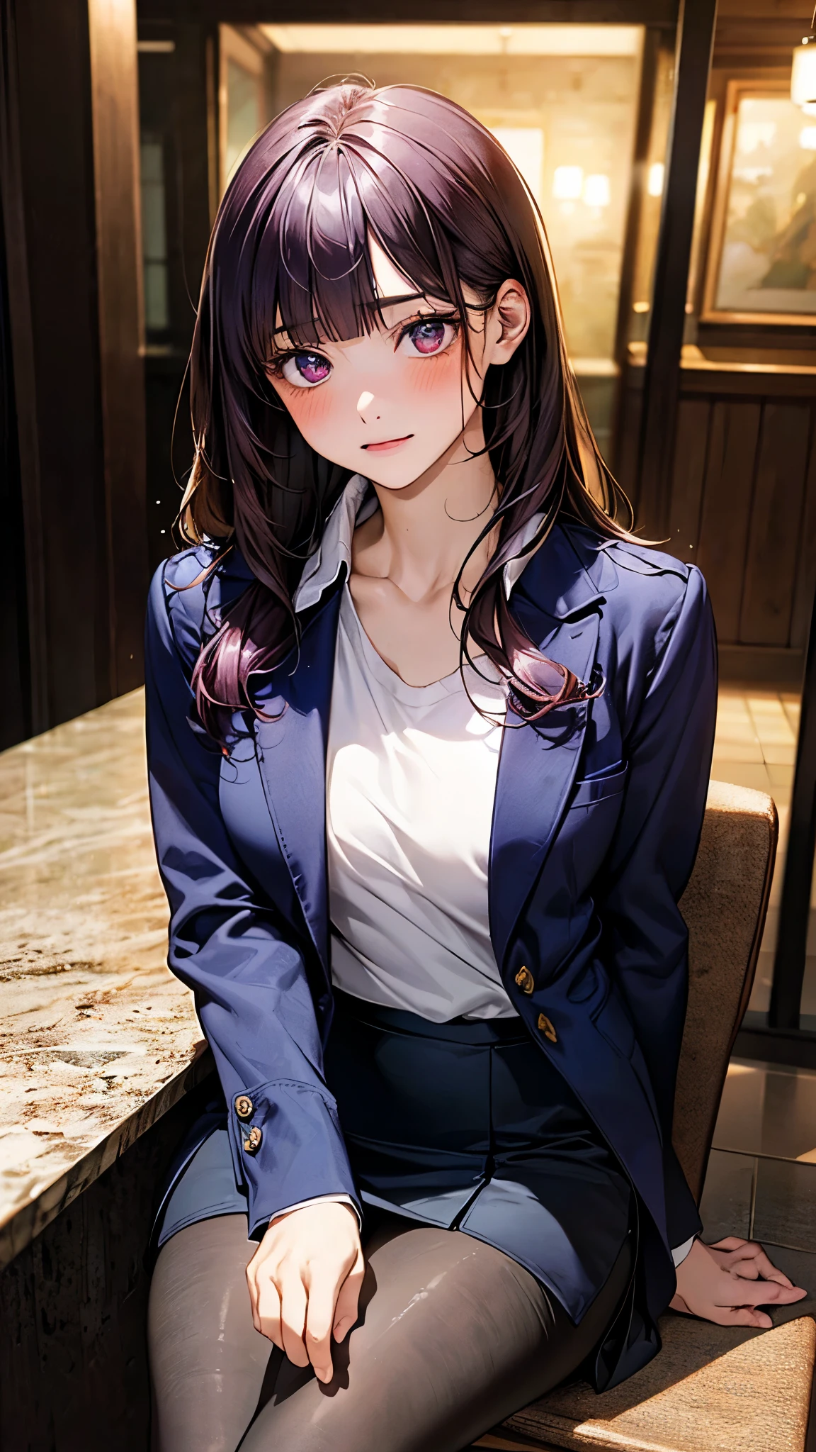 (masterpiece:1.2, top-quality), (realistic, photorealistic:1.4), beautiful illustration, (natural side lighting, movie lighting), surrealism,
looking at viewer, 1 girl, japanese, 22 years old, , perfect face, cute and symmetrical face, babyface, shiny skin,
(long hair:1.8, straight hair:1.7, hair intakes, purple hair), blunt bangs, maroon eyes, big eyes, slant eyes, long eye lasher, (medium breasts, thick thighs),
beautiful hair, beautiful face, beautiful detailed eyes, beautiful clavicle, beautiful body, beautiful chest, beautiful thigh, beautiful legs, beautiful fingers,
((navy jacket, close jacket, navy tight skirt, white collared shirt), black pantyhose), clavicle,
(beautiful scenery), evening, (bar:1.2, sitting chair), , (raised eyebrow, nervous, blush),