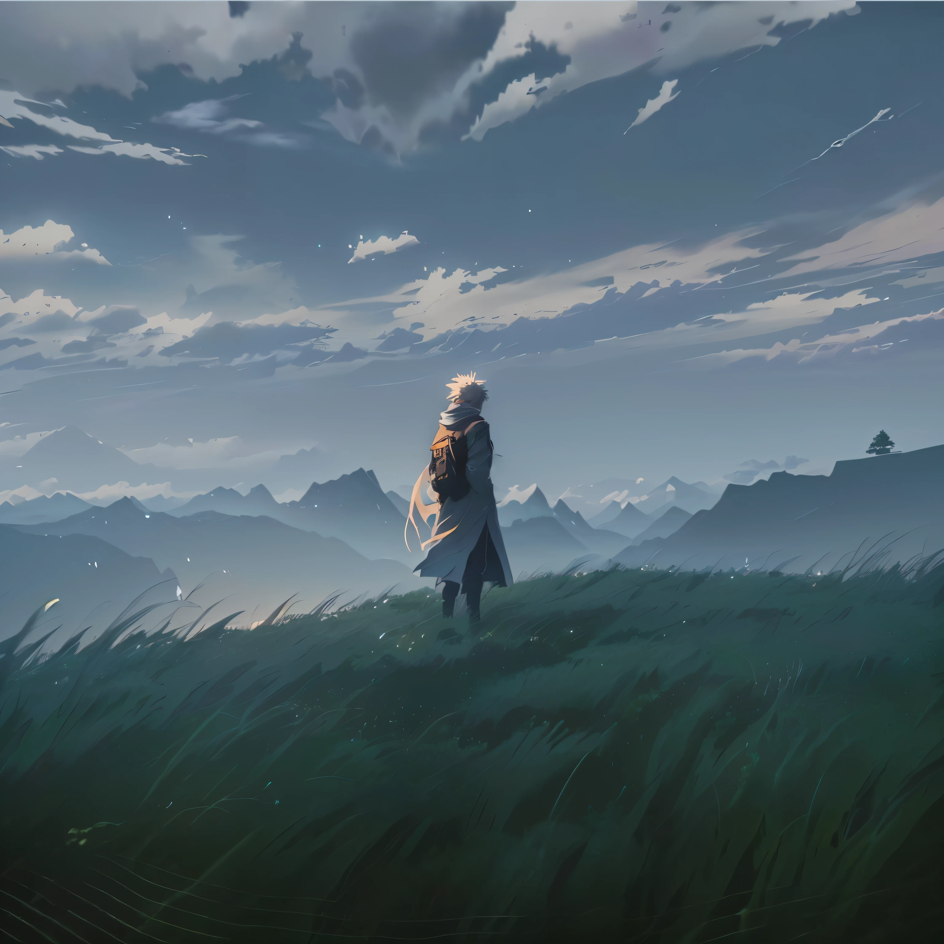 scene of a man standing on top of a grassy cliff, anime landscape, 4k anime wallpaper, anime art wallpaper 8 k, solitude seen in the distance, anime keyframe, anime landscape wallpaper, anime background, anime background art, anime art wallpaper 4 k, anime art wallpaper 4k