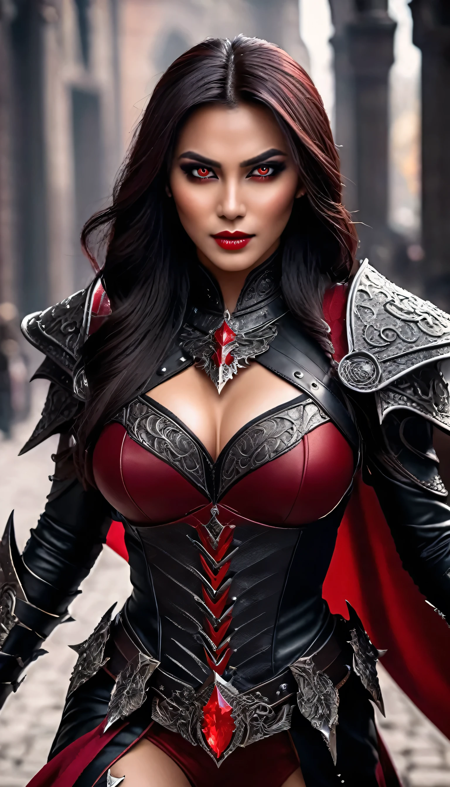 a demon female, cosplay, realistic, red and black skin, Diablo, creepy beautiful, leather armor, extremely detailed face, piercing red eyes, sharp fangs, long dark hair, intricate leather armor, dark red cloak, claw-like nails, dramatic lighting, cinematic composition, highly detailed, photorealistic, 8k, award winning digital art