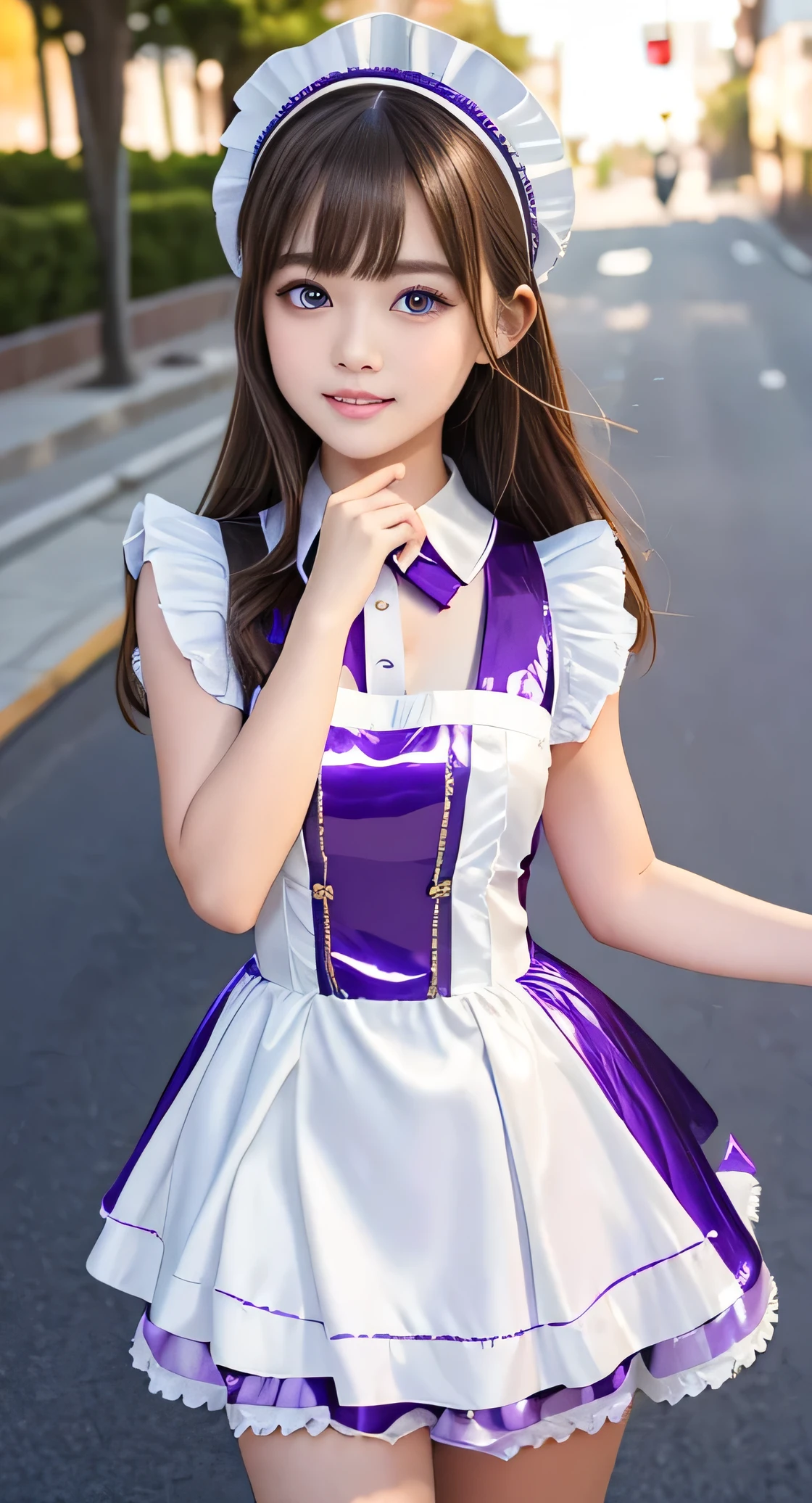 Angelic very beautiful cute young girl,
Beautiful detailed eyes, (5 yo:1.2),
Detailed double eyelids,
(Soft Saturation: 1.3),
(Fair skin: 1.3),v-line jaw,
(Large eyes:1.4),
Long straight brown hair,
see-through bangs,
Sharp Focus,
beautiful detailed face and eyes,
drooping eyes,
small straight nose,
small mouth,
happy smiling with visible teeth, 85mm lens, F/8.0,BREAK (Super shiny white and metallic purple maid costume :1.3),Walking,Brown hair ,(Costumes with strong reflective surfaces:1.3),
(Best Quality:1.2),(Maid costume:1.5),
Raw photo,
High resolution,
perfect detail,
Professional Photography,
Professional Lighting,
Powerful lighting of the costume,In the street