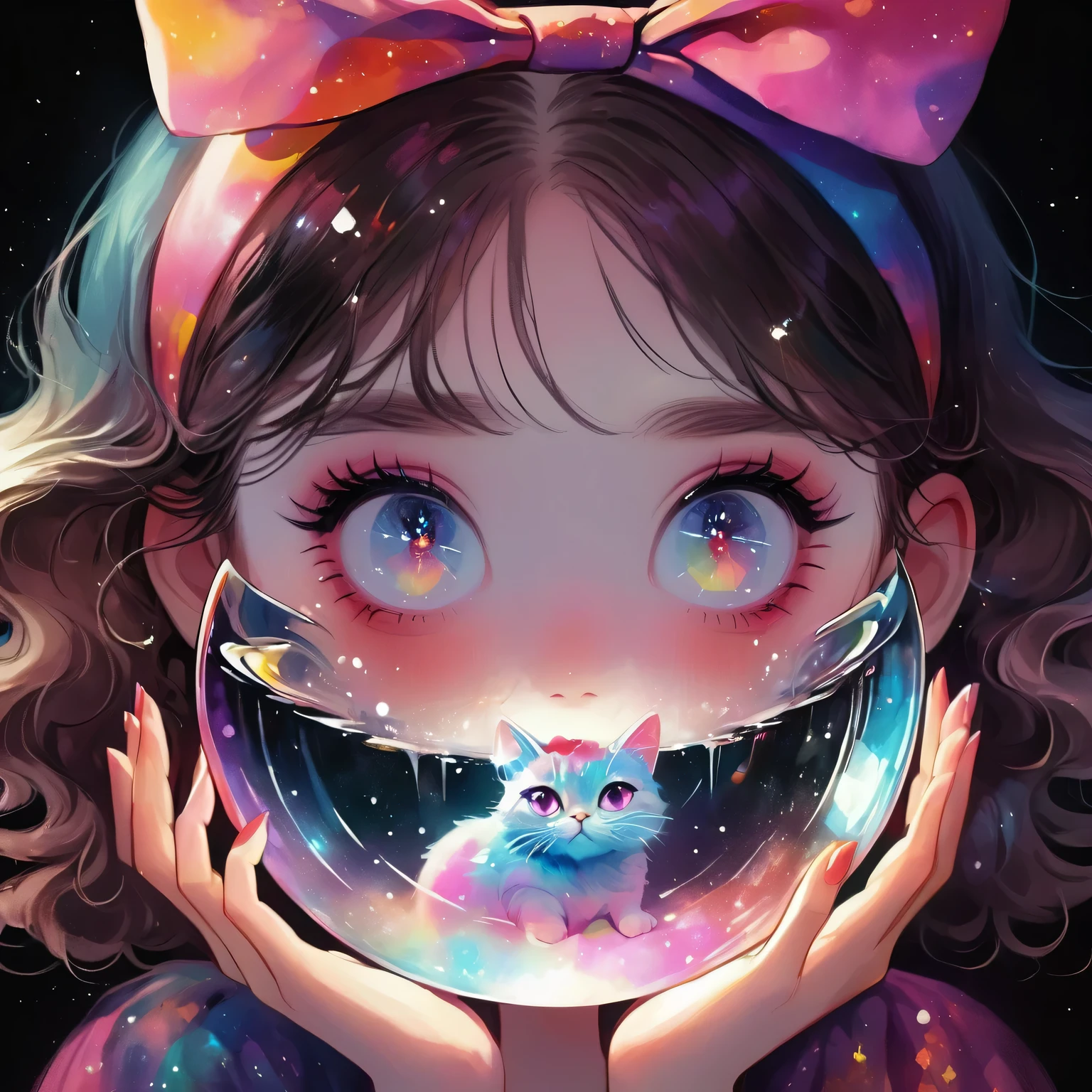 A young girl，A cat trapped in a crystal ball，Vivid colors，Dramatic lighting，Dreamy atmosphere，beautiful eyes，Beautiful lips，rough texture，Hand drawn style，