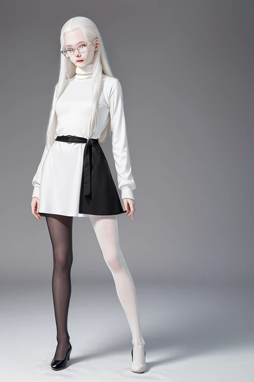 ((full body:1.4)),Cute 18 yo (albino:1.4)woman of Slavic descent.(short:1.1), , long white hair, gray eyes, ((very pale:1.4)). Innocent look. Gentle spirit.(virgin), Eyeglasses, long sleeves, (black turtleneck dress), necklace, (black pantyhose), black Mary Janes with straps.(joy)