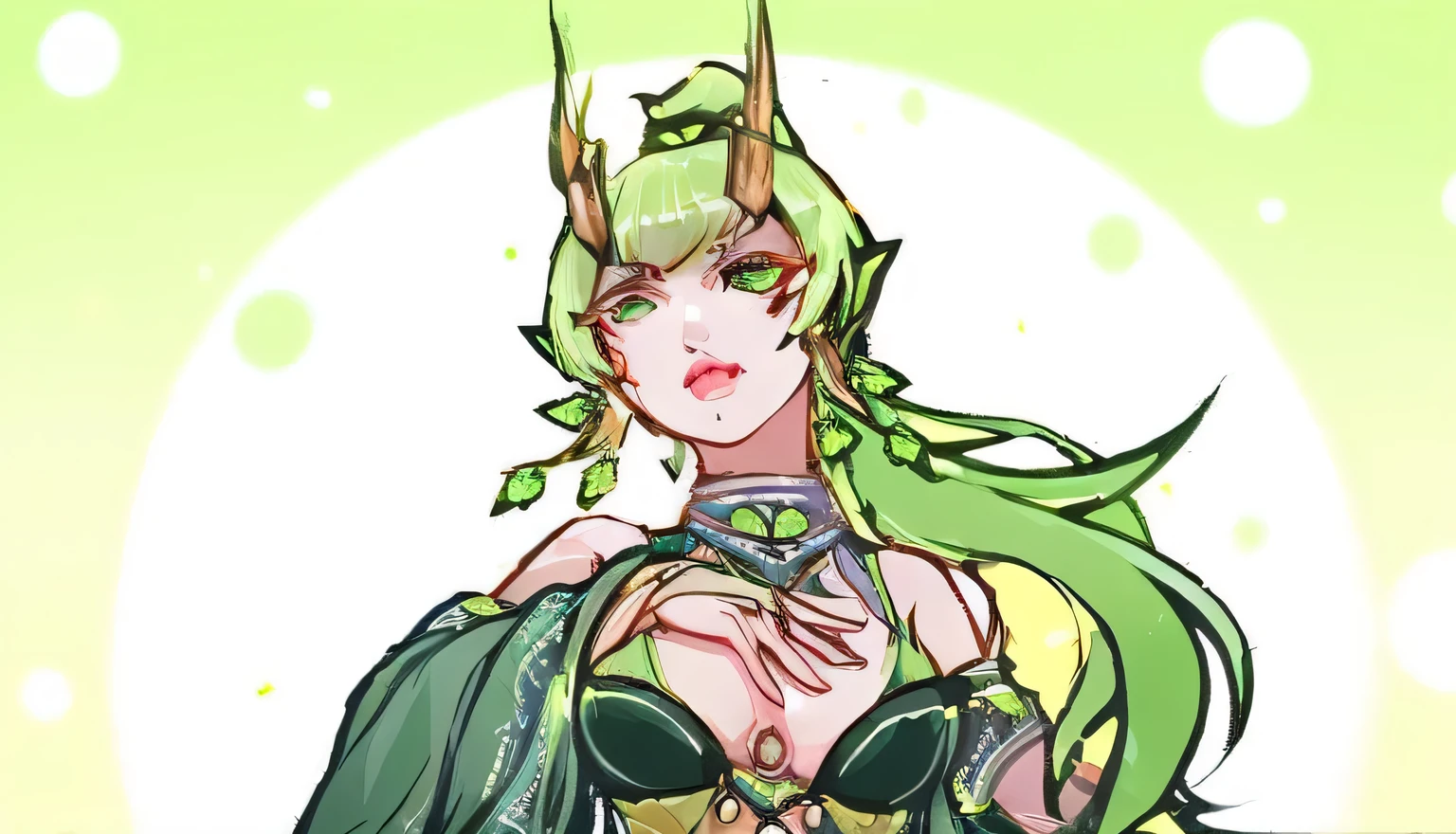 Emerald green eyes，Shining with wisdom，Revealing a mysterious power that blends with nature，The exterior is full of mysterious atmosphere that blends with nature，Gives people a solemn and lively feeling。
