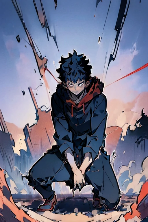 ((Masterpiece, Best Quality, 2d, anime)), (1 boy, Solo: 2), itadori, itadori_yuuji, black hair, red hoodie, open hoodie, hoodie off, blue eyes, Illustration,  ragemode, wild hair, destruction, kneeling, cinematic, view from below, muscular, bulky