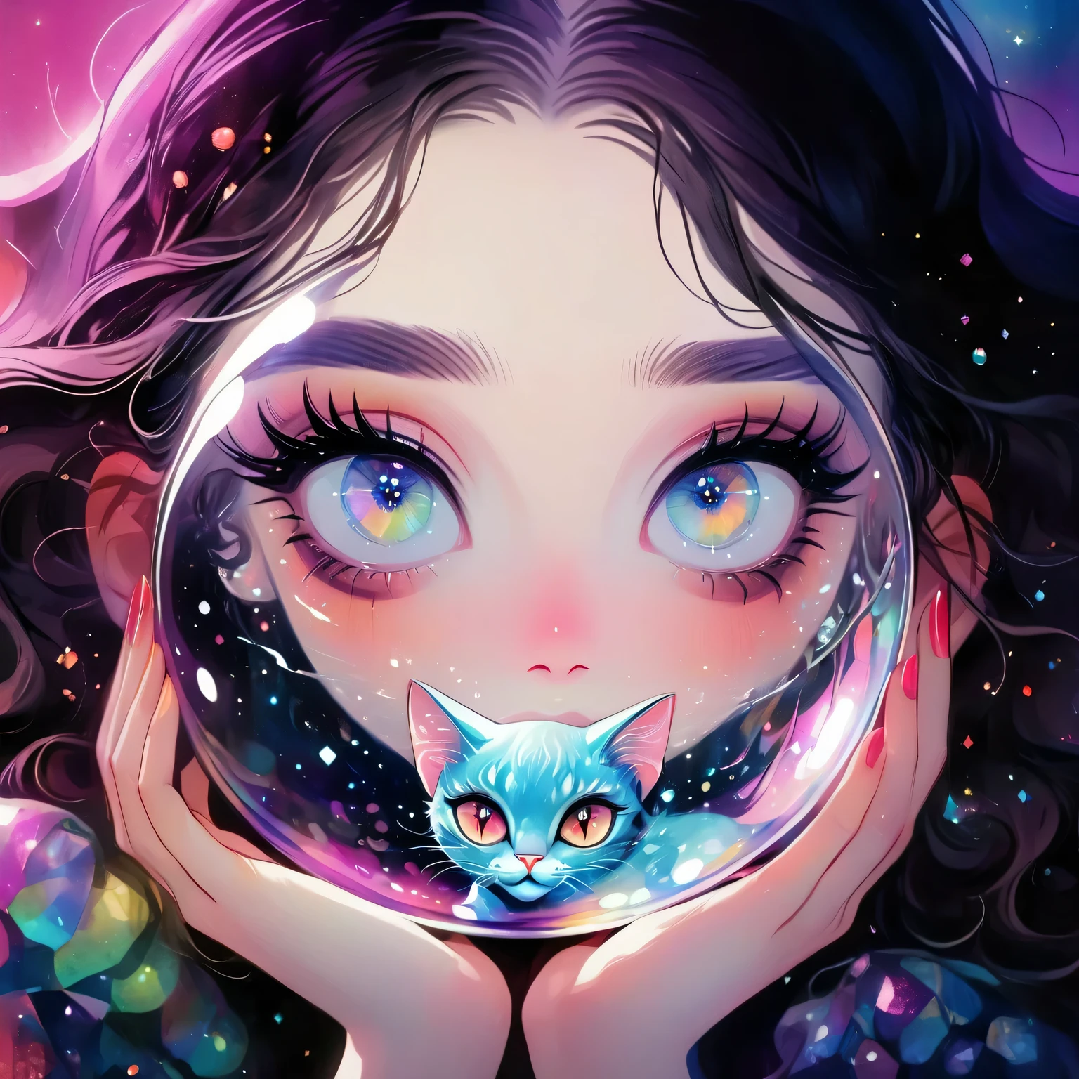 A young girl and a cat trapped in a crystal ball，Vivid colors，Dramatic lighting，Atmosphere，Beautiful detailed eyes，Beautiful detailed lips，Extremely detailed face，Long eyelashes，rough texture，Hand drawn style，