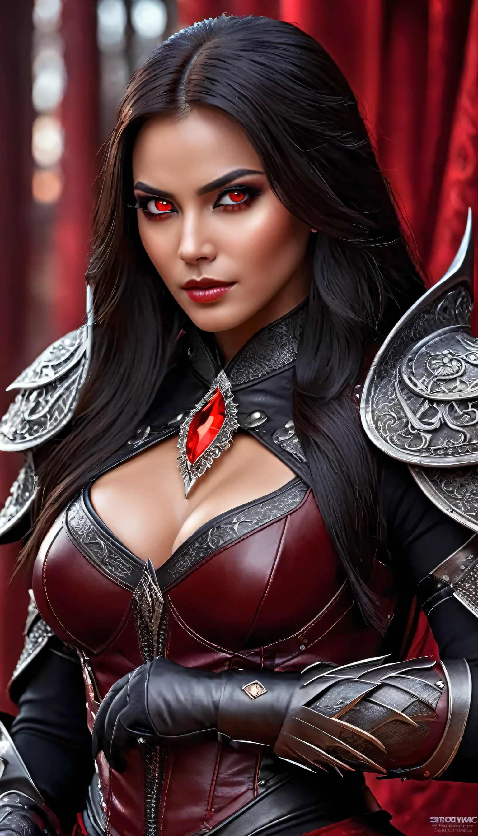a demon female, cosplay, realistic, red and black skin, Diablo, creepy beautiful, leather armor, extremely detailed face, piercing red eyes, sharp fangs, long dark hair, intricate leather armor, dark red cloak, claw-like nails, dramatic lighting, cinematic composition, highly detailed, photorealistic, 8k, award winning digital art