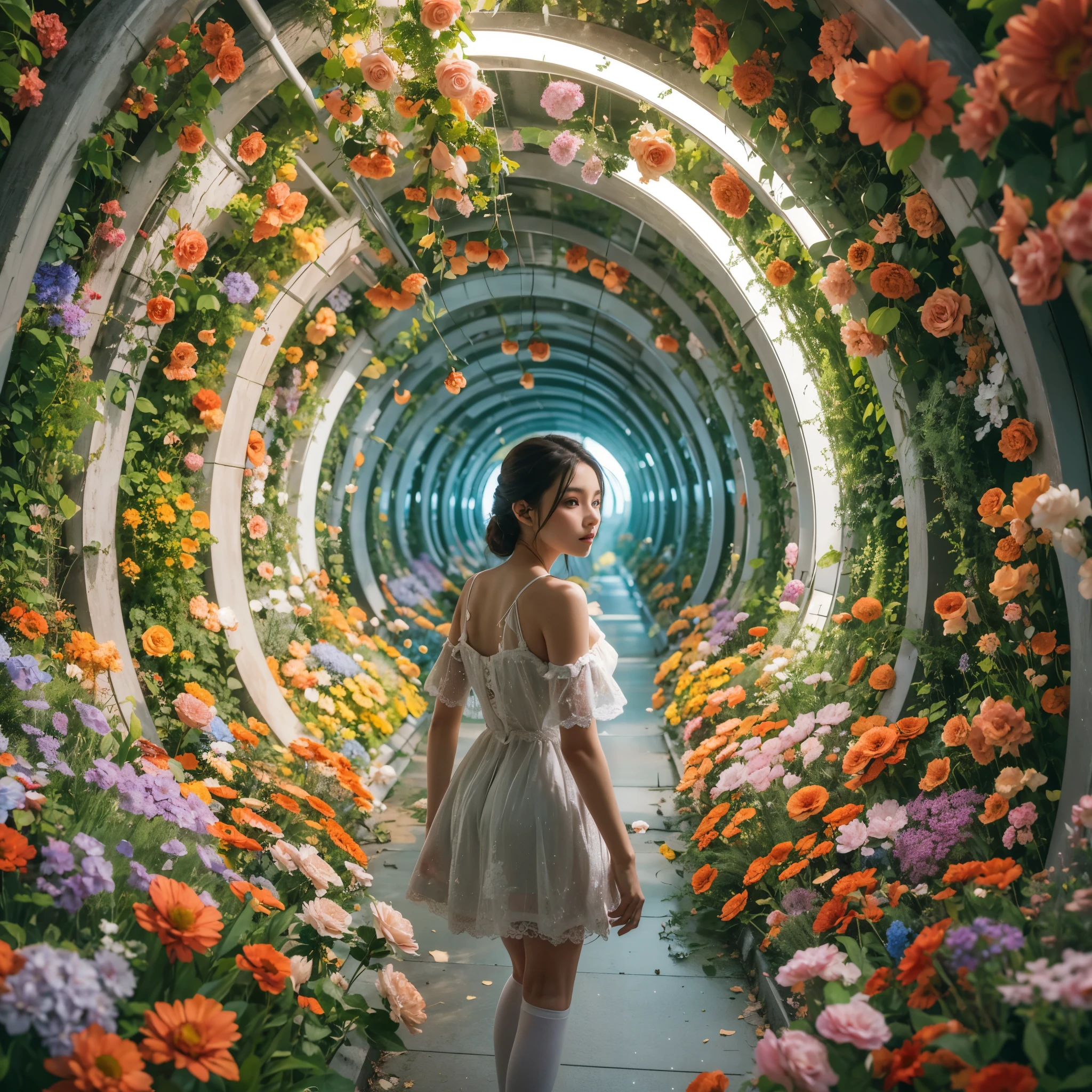 Best quality，masterpiece，16k,In the curved tunnel，A tunnel surrounded by flowers，Futuristic，Future Technology Tunnel，Complex structure，1girl，Dynamic poses，Looking at the camera，Girl being chased by monster