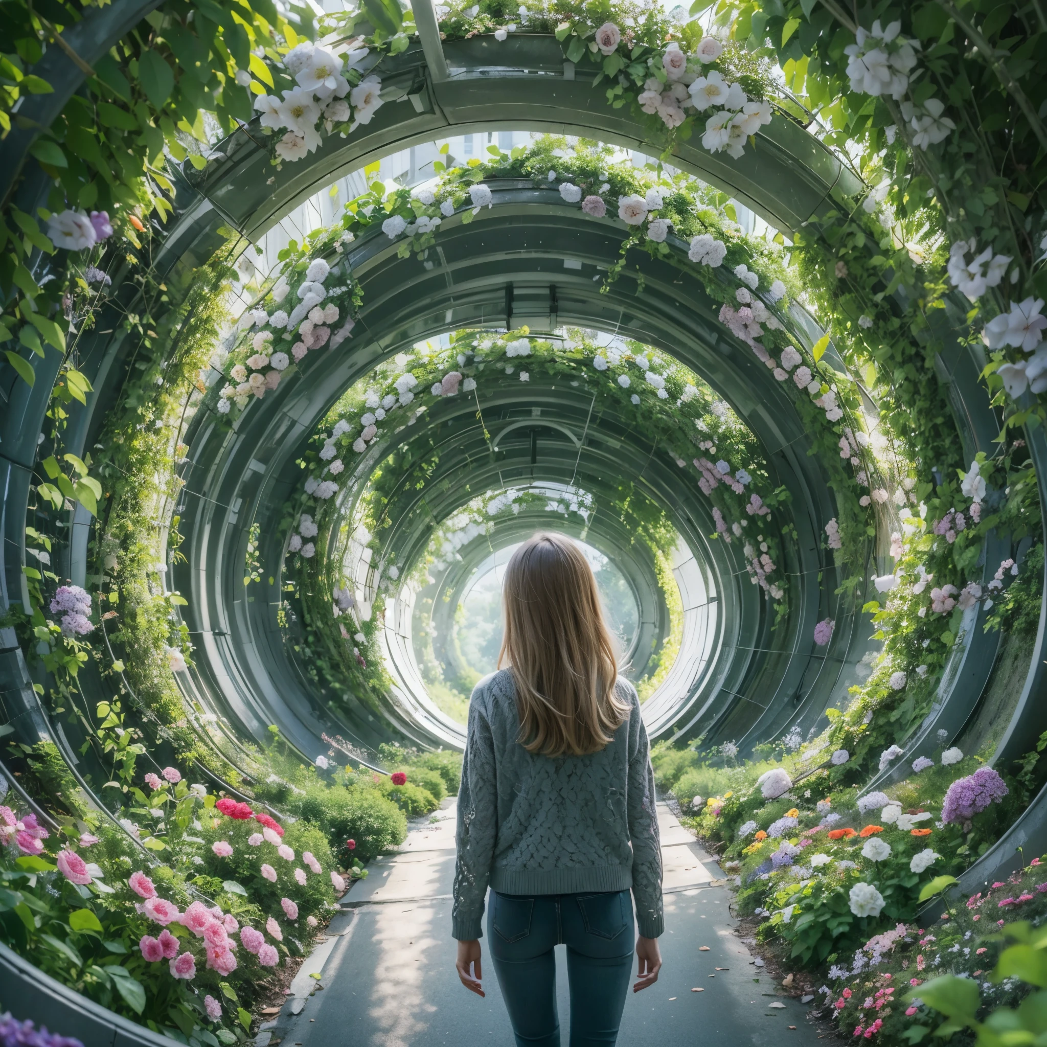 Best quality,masterpiece,16k,In the curved tunnel,A tunnel surrounded by flowers,Futuristic,Future Technology Tunnel,Complex structure,1girl,Dynamic poses,Looking at the camera,Girl being chased by monster