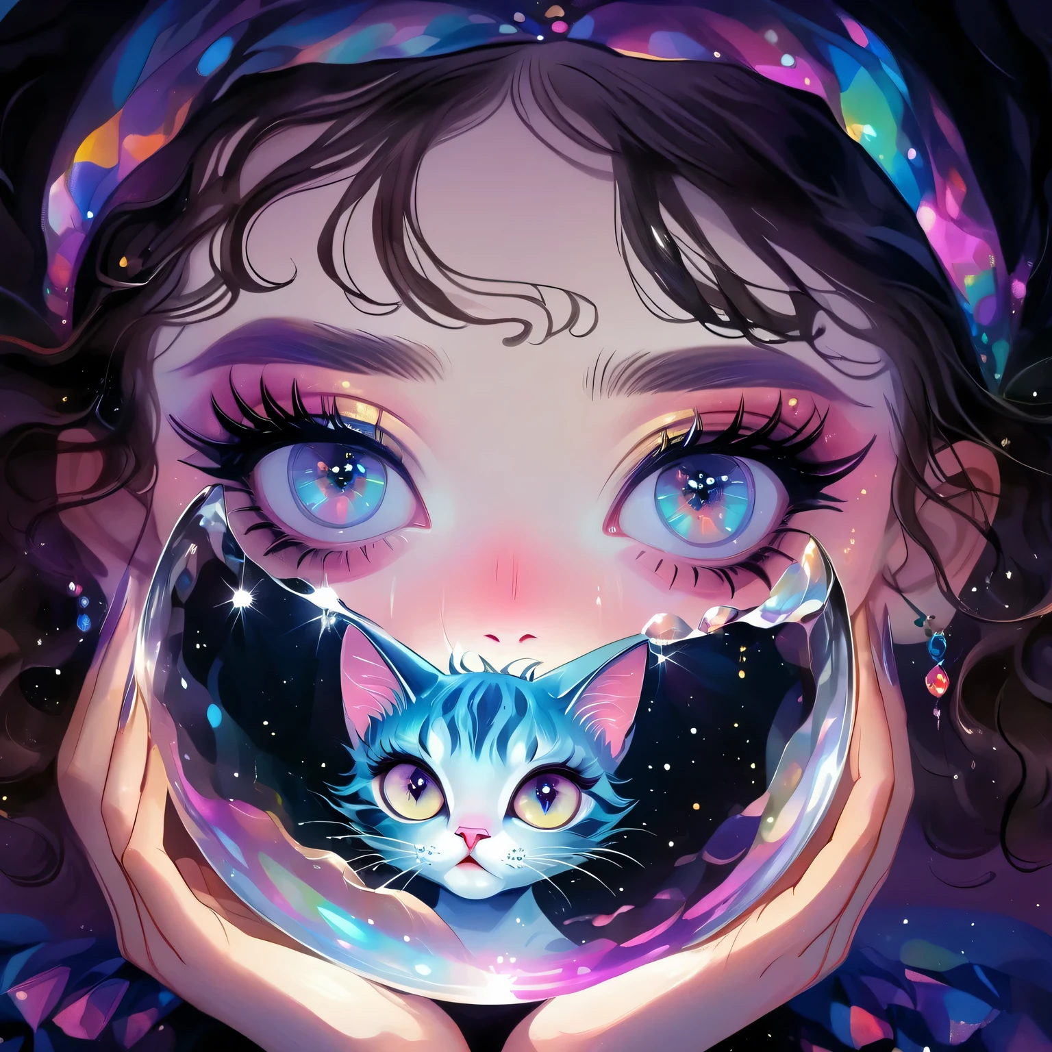 A young girl and a cat trapped in a crystal ball，Vivid colors，Dramatic lighting，Atmosphere，Beautiful detailed eyes，Beautiful detailed lips，Extremely detailed face，Long eyelashes，rough texture，Hand drawn style，