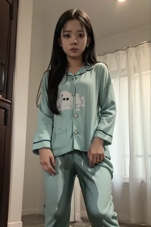 Malay Girl sees the ghost and pees her pajama until his pants are wet pants in fright.
