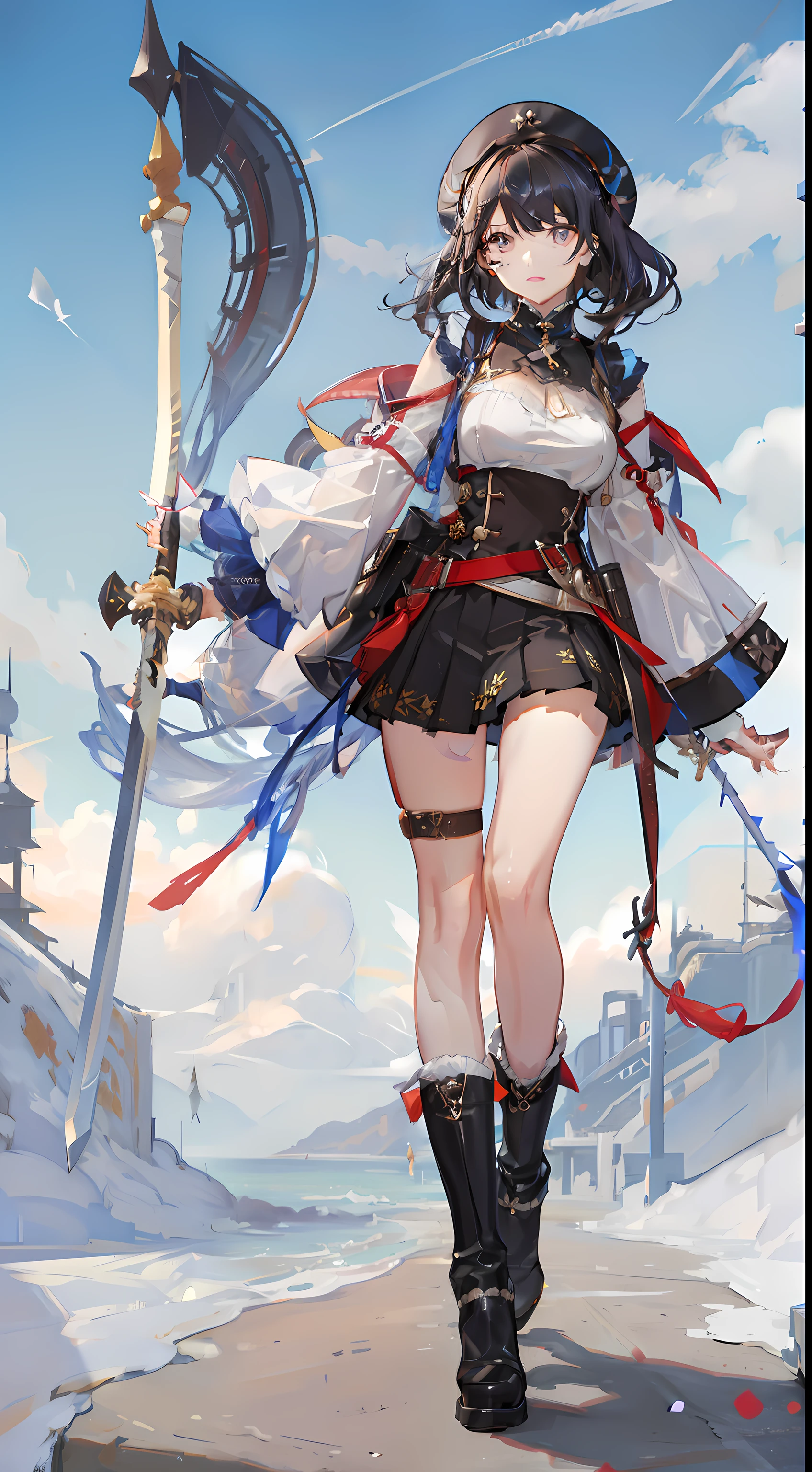 Ruffled uniforms、Hot pants under the skirt、odd eye、A dark-haired、boots、I'm carrying a great sword on my back