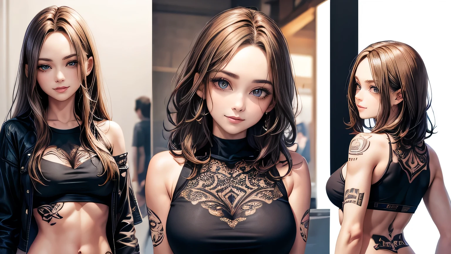 A flirtatious, provocative smile,One female、Beautiful light brown hair,tattoo、Rock T-shirt,Ripped jeans,slenderbody,Live Studio,Ultra-high resolution, Accurate, Super detailed, Textured skin, High detail, highest quality, 8k, Detailed Hair,Detailed eyes,Focus on the face,Depict the figure from the waist up,rockstyle,Bitch,T-back