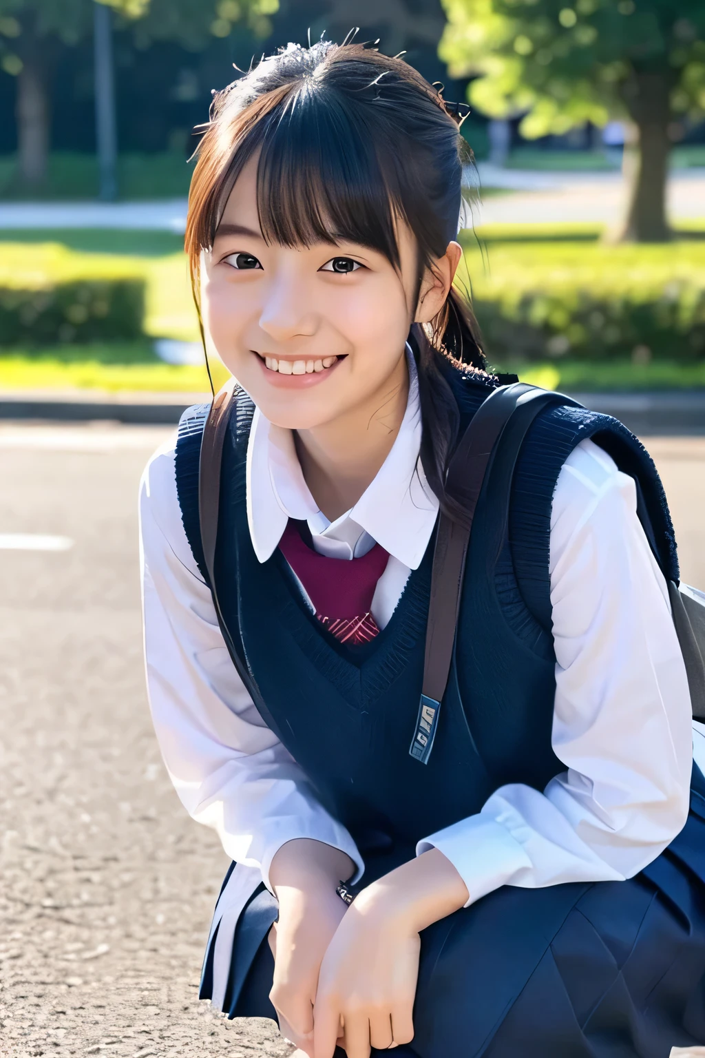 ((masterpiece)), japanese, (a girl), (18 years old), (((school uniform))), smiling, a park, dark blue knit vest, (crouch down), view from front,