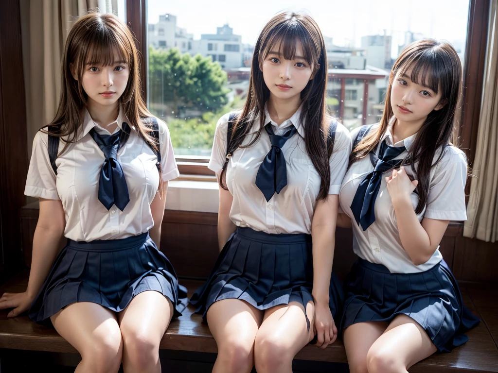 (RAW photo, 4k, masterpiece, high resolution, extremely complex) (realistic: 1.4), cinematic lighting
((2 girls, 2 schoolgirls)),Slam Dunk's,blushing,((innocent)),(Dark makeup),bright eyes,round eyes,blunt bangs,(straight hair:1.3),black hair,large breasts,wide hips,Summer Noon, 20 year old girl、cute type、lolita,Hot, (Best Quality), (Highres), (an Extremely Delicate and Beautiful),(Beautiful 8k face),(Brown eyes),short bob hair,( spectators),(gigantic breasts),(Play with each other,Touching each other's bodies,Touching the body),(Japanese high school uniform:1.3),blue skirt,(reality),bright lighting,(The background is a luxury hotel room)