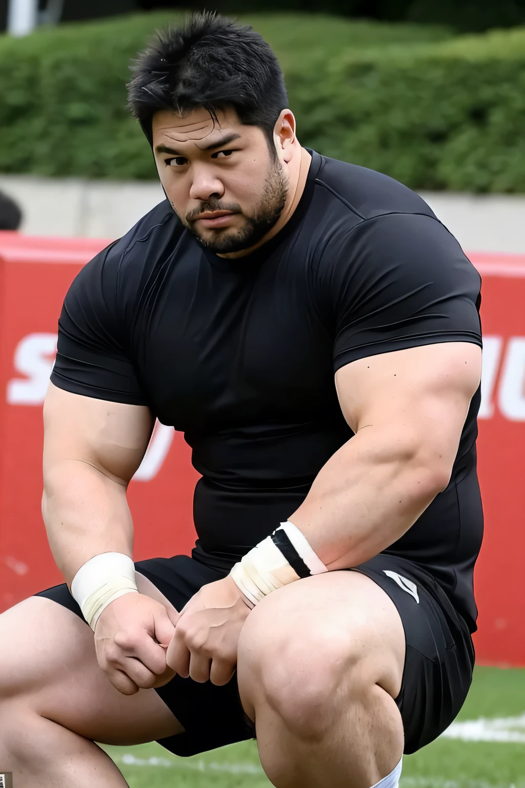 A large Japanese man wearing a tight black T-shirt、whole body、Rugby last week、Thick legs、Thick arm muscles、Intimidating、