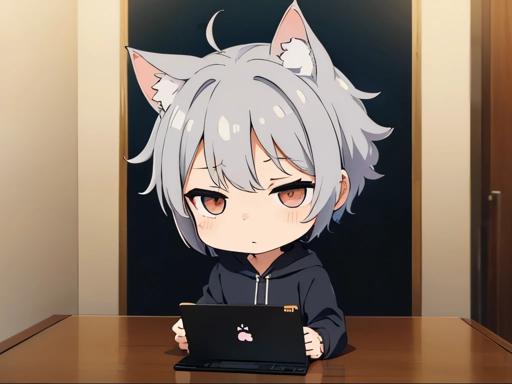 (chibi:1.3),(sleepy),whole body,after that,masterpiece, A world where magic and technology coexist, Cat Eared Man(Gray Hair, short hair) ,boy,Hone your skills,Let's go on a journey to uncover the secrets of power., Beautiful Eyes,depicted in detail. The magician makes the most of the potential of his abilities.,We must learn how to unlock the true potential of modern magic,masterpiece, Cat Eared Man,Gray Hair, short hair),depicted in detail,