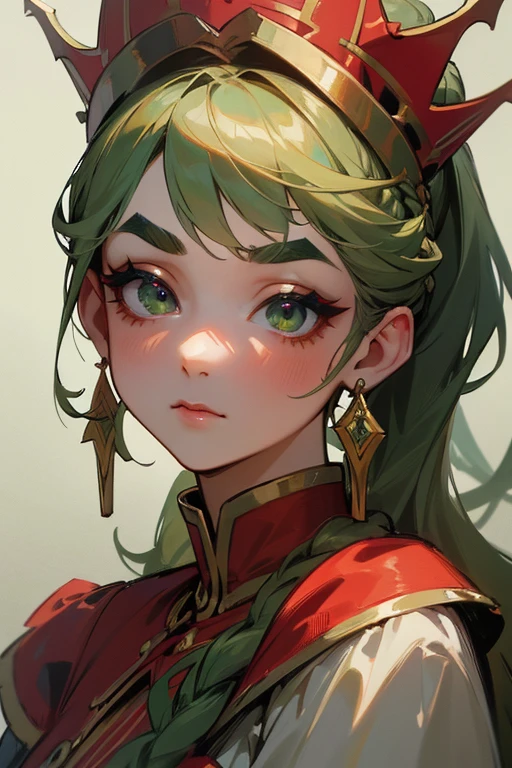 (highest quality, masterpiece:1.2), High resolution, Very detailed, Realistic:1.37, Fantasy, An illustration, Green Eyes、Queen, Red dress.Platinum decoration、beautifully、Eyeshadow Red、Thick eyebrows、Long eyelashes、pupils are black、Her hair is light green、Gold crown、Kissing Face、Embarrassing、people々々々々々Loved by、ponytail、Shoulder Bare、Surprised face、Braiding、perfection、perfectionな果物、Blueberry Perfect、