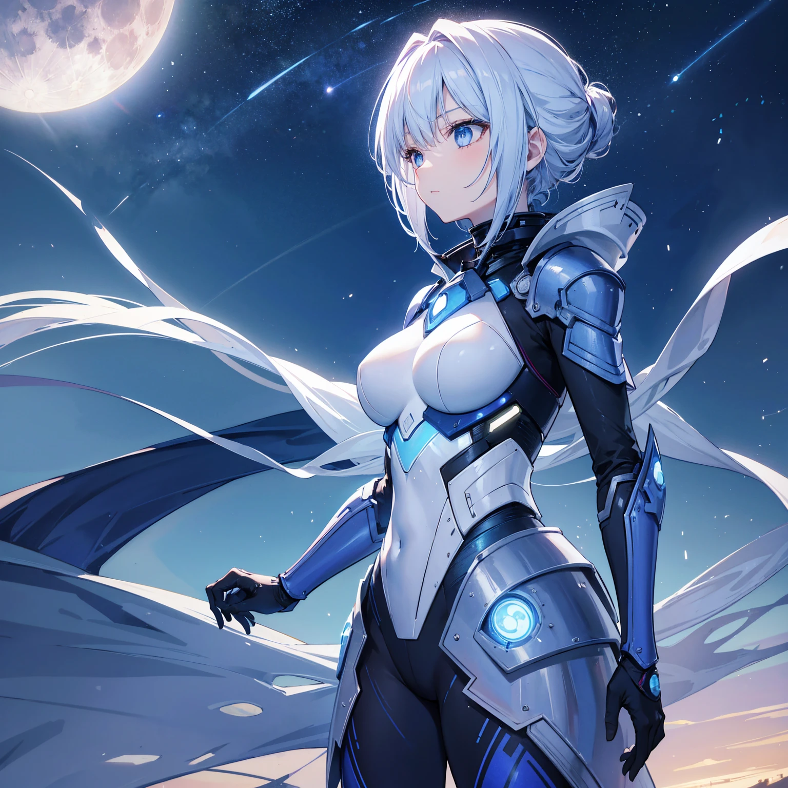 8k, highest quality, (real:1.4), Original photo, 1 girl, Asari Hair, Biological Amplifier, refined armor, posture: Peace talks between warring factions, smart blue eyes,Big moon in the background
