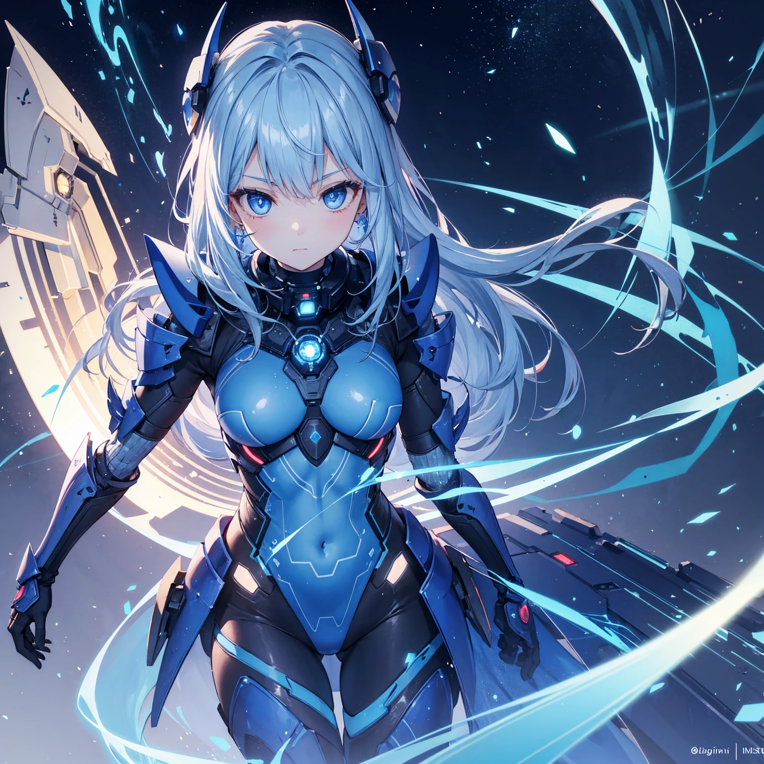 8k, highest quality, (real:1.4), Original photo, 1 girl, Asari Hair, Biological Amplifier, refined armor, posture: Peace talks between warring factions, smart blue eyes,Big moon in the background
