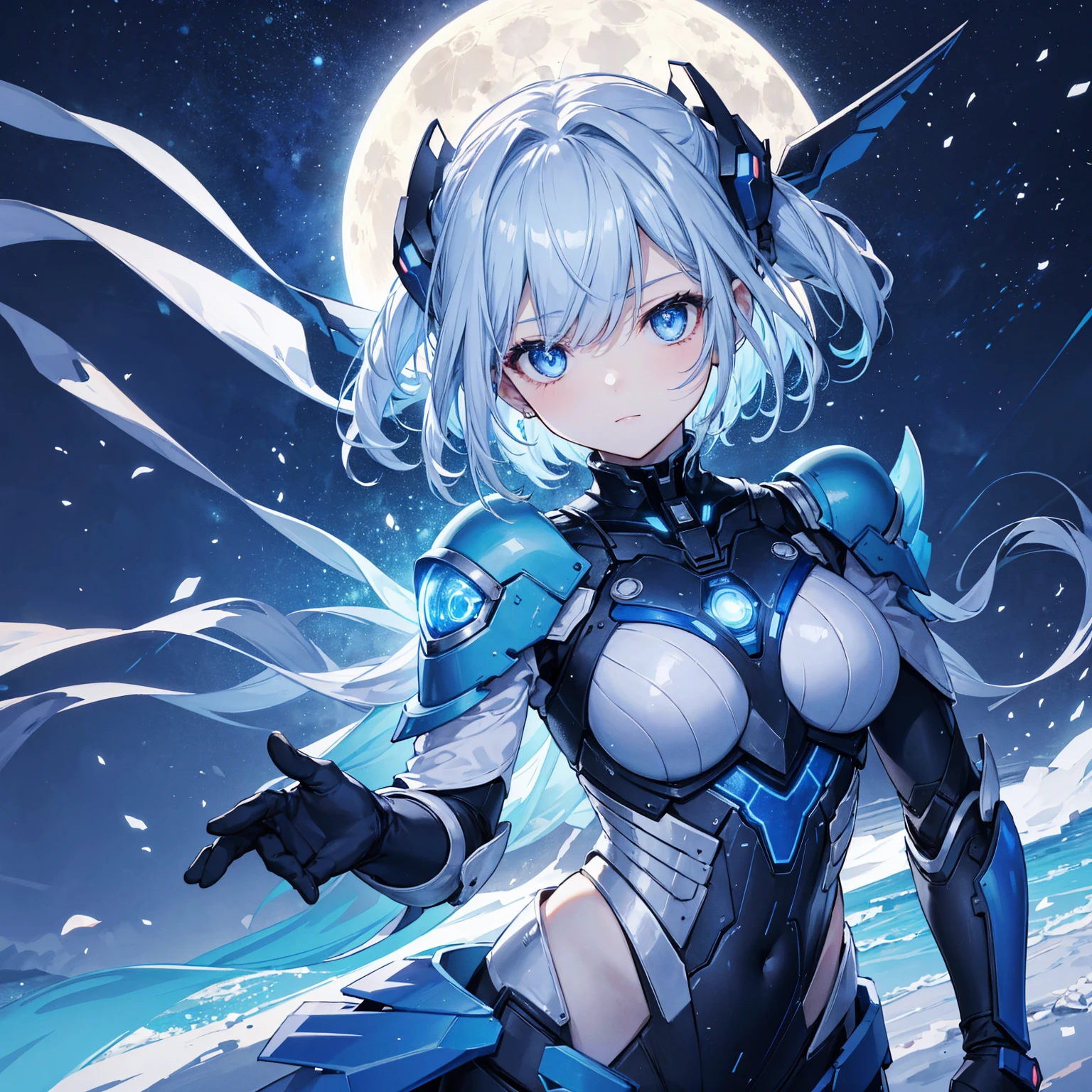 8k, highest quality, (real:1.4), Original photo, 1 girl, Asari Hair, Biological Amplifier, refined armor, posture: Peace talks between warring factions, smart blue eyes,Big moon in the background
