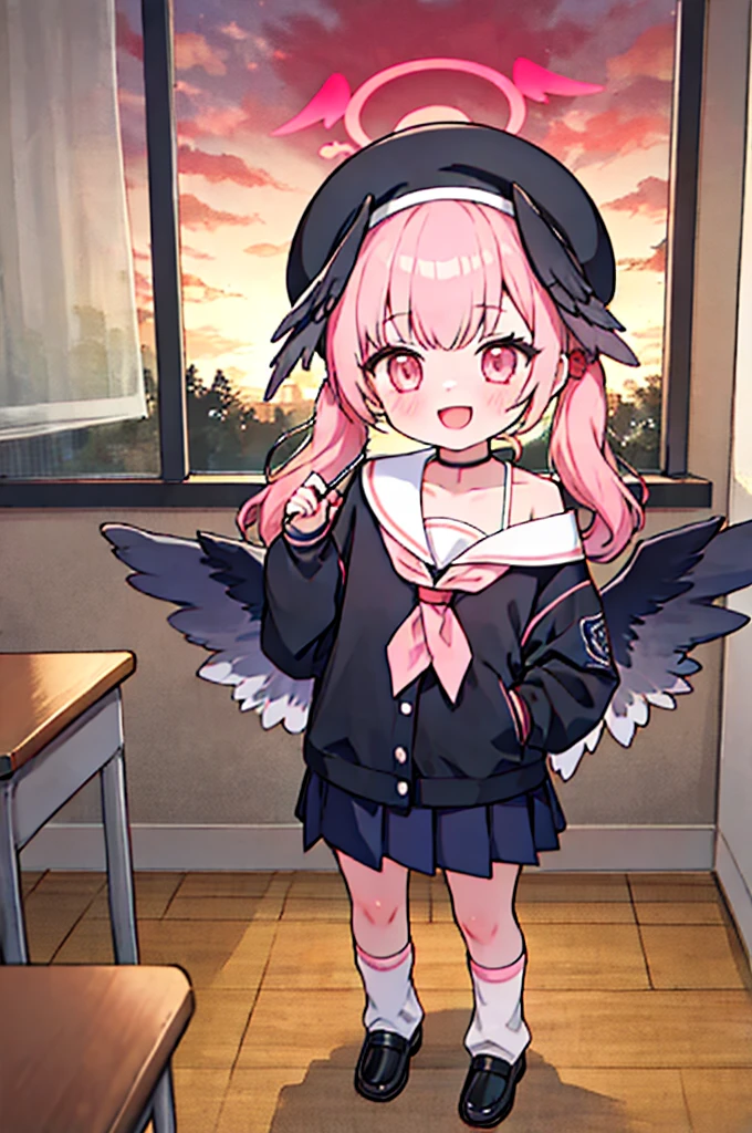 One girl, koharu \(Blue Archive\), Twin tails, Hello, beret, Wings on the head, Low Wing, Pleated mini skirt, Sleeves are longer than the wrist, Sailor shirt, Pink neckerchief, Off the shoulder, loose socks, loafers, Are standing, whole body, View Viewer, smile, Open your mouth, sunset, classroom, window, Backlight, Depth of written boundary