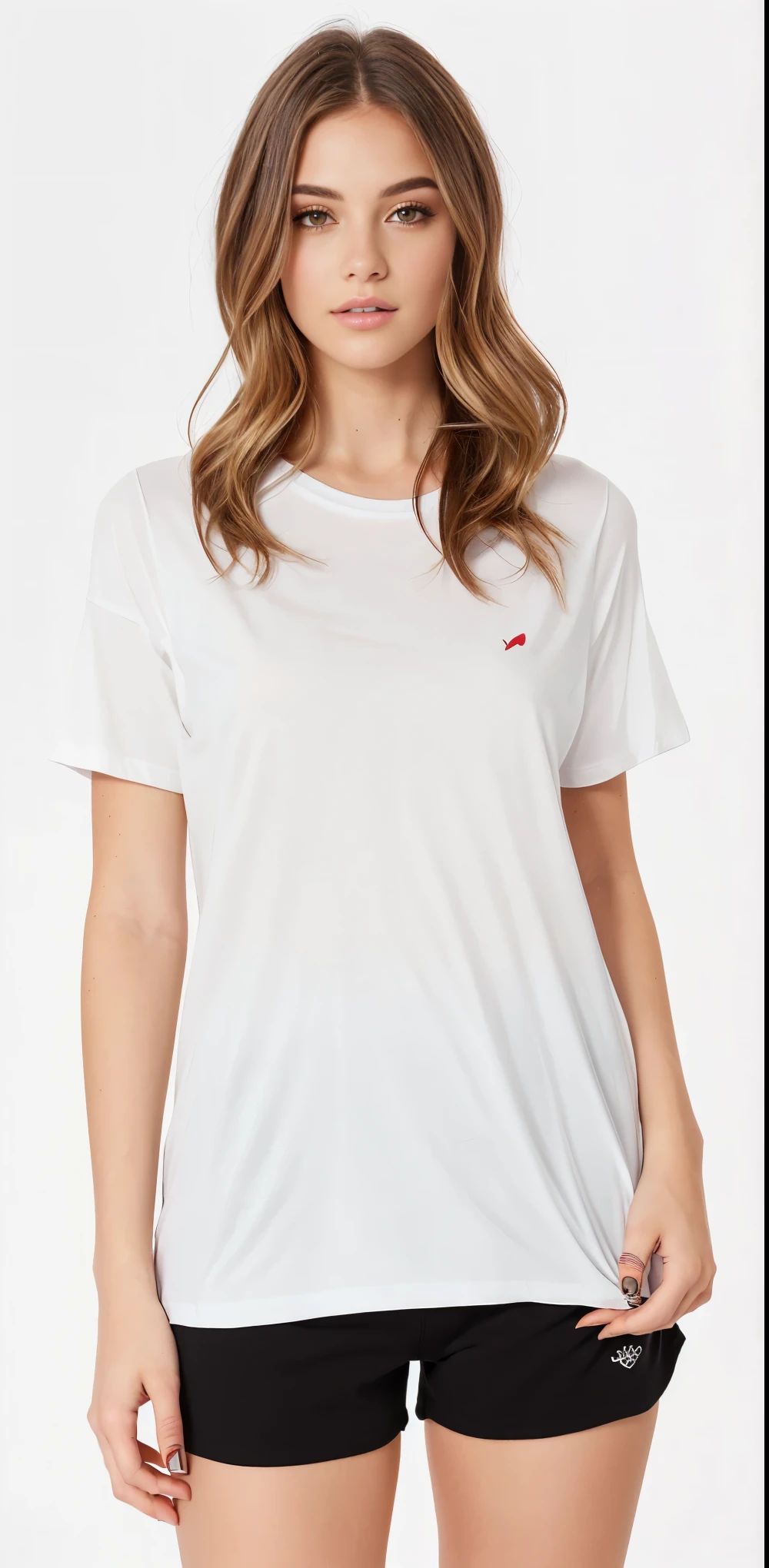 a woman in a camisa branca and black shorts posing for a picture, camiseta branca, plain camiseta branca, camiseta branca, camiseta branca, Topo branco, roupa branca casual, camisa branca, vestido com uma camiseta branca, dressed in a camiseta branca, white tunic, roupas brancas, graphic t-shirts, franja branca, wearing camisa branca