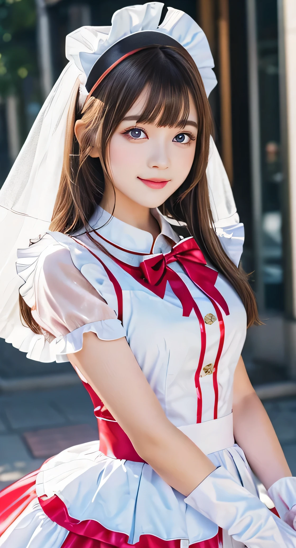 Angelic very beautiful cute young girl,
Beautiful detailed eyes, (7 yo:1.2),
Detailed double eyelids,
(Soft Saturation: 1.3),
(Fair skin: 1.3),v-line jaw,
(Large eyes:1.4),
Long straight brown hair,
see-through bangs,
Sharp Focus,
beautiful detailed face and eyes,
drooping eyes,
small straight nose,
small mouth,
happy smiling with visible teeth, 85mm lens, F/8.0,BREAK (Super shiny white and metallic red pink maid costume :1.3),Walking,Brown hair ,(Costumes with strong reflective surfaces:1.3),
(Best Quality:1.2),(Maid costume:1.5),
Raw photo,
High resolution,
perfect detail,
Professional Photography,
Professional Lighting,
Powerful lighting of the costume,In the street