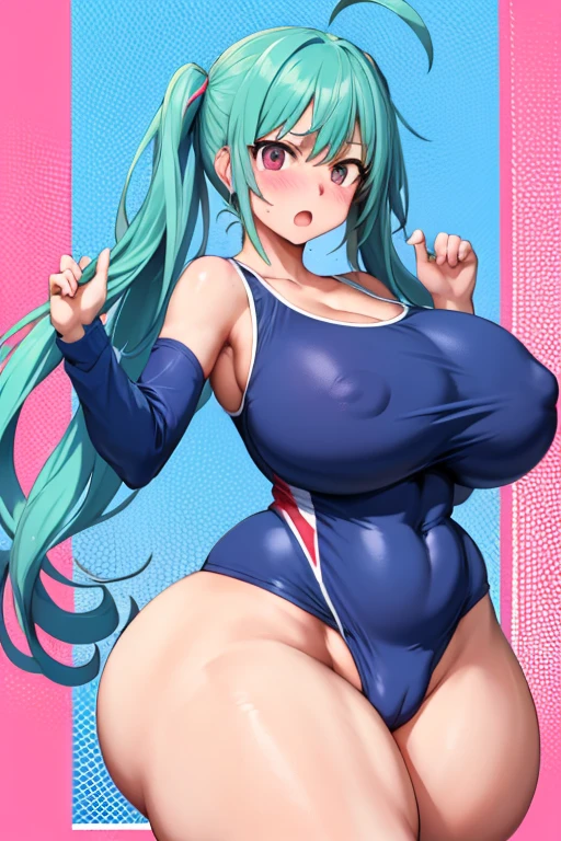 One Girl,{Knee-high socks}、(((Wide Hips)))、 (((Thick thighs)))、((Big Ass))、(Big Breasts) Embarrassed look、whole body、Sexy pose,Blue one piece swimsuit、School Swimsuit,shortstack