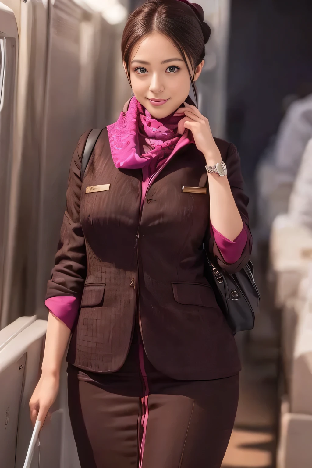 (masterpiece:1.2、highest quality:1.2)、32K HDR、High resolution、(alone、1 girl、Slim figure)、(A realistic reproduction of the ETIHAD Airways Cabincrew Uniform)、 (On board, Professional Lighting)、A proper woman, Beautiful Face,、(Long sleeve ETIHAD Airways Cabincrew Uniform)、(ETIHAD Airways Cabincrew Uniform skirt with purple stripe on the front)、(scarf on chest)、Big Breasts、(Long Hair Up、Hair Bun)、Dark brown hair、Long Shot、((Great hands:2.0))、((Harmonious body proportions:1.5))、((Normal limbs:2.0))、((Normal finger:2.0))、((Delicate eyes:2.0))、((Normal eyes:2.0)))、Beautiful standing posture、smile、Hands folded underneath