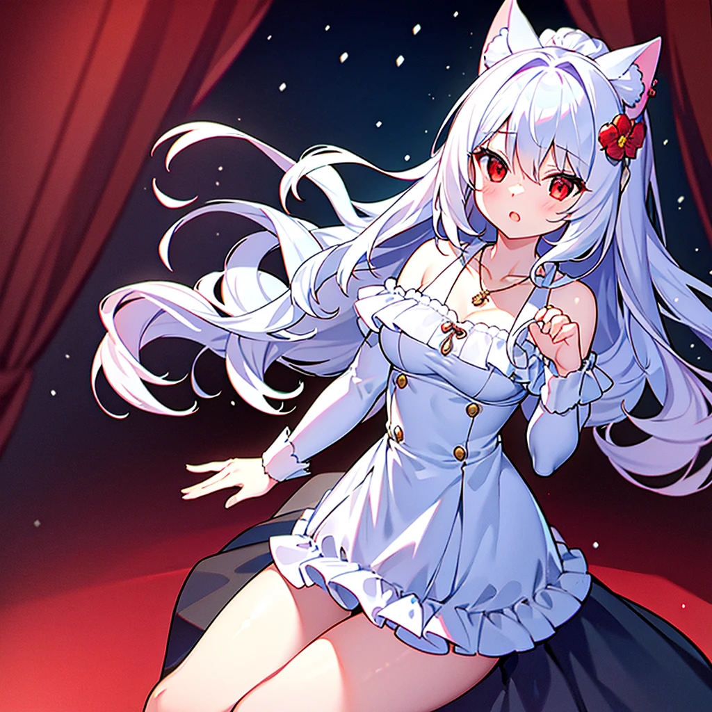 {{masterpiece}},highest quality,Very detailed,Very detailed CG ユニティ 8k 壁紙,Illustration of traction, One girl, Red eyes, Wavy silver hair, dress, necklace, Hair Flowers, snow, ice, Full Body Lesbian, shot,Very detailed,Center framing,Sharp focus, Floated hair,Cat ear，