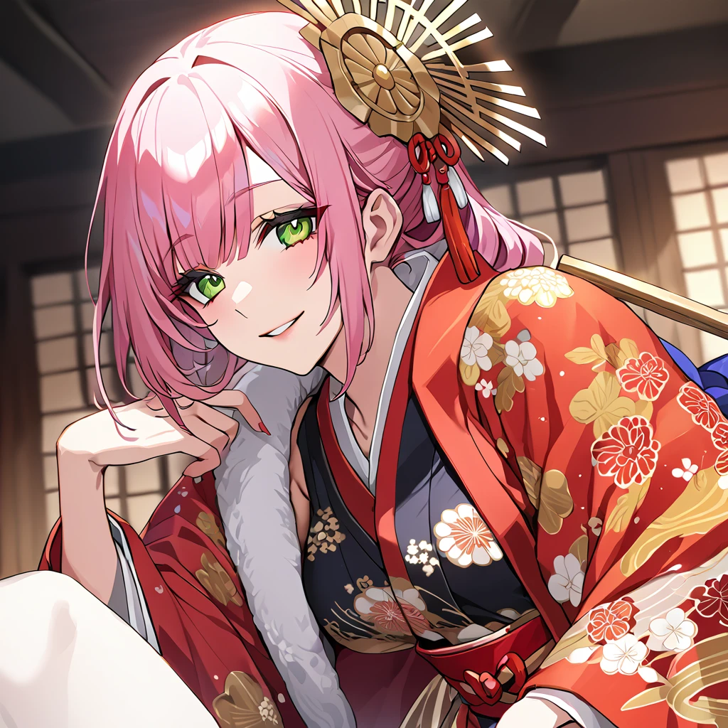 ((highest quality)), ((masterpiece)), (detailed), （Perfect Face）、（The woman is Rena, with short pink hair, a happy smile and is in a luxurious samurai mansion.、The woman is a consort to Oda Nobunaga, and is wearing a gorgeous embroidered uchikake kimono with bright, vivid colors and patterns, as befits a consort, and has gorgeous accessories from the Edo period, such as a gorgeous hairpin and a bunkin takashimada hairstyle.）