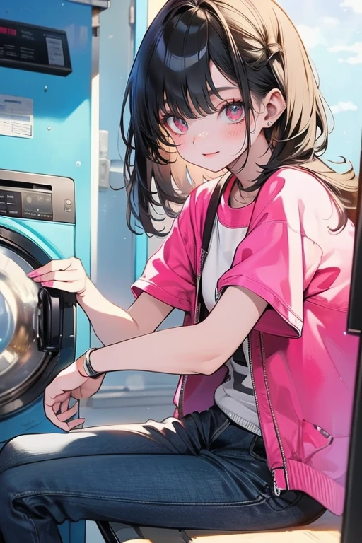 1girl,solo,cute,waiting,sitting a sofa,in laundromat,around laundry