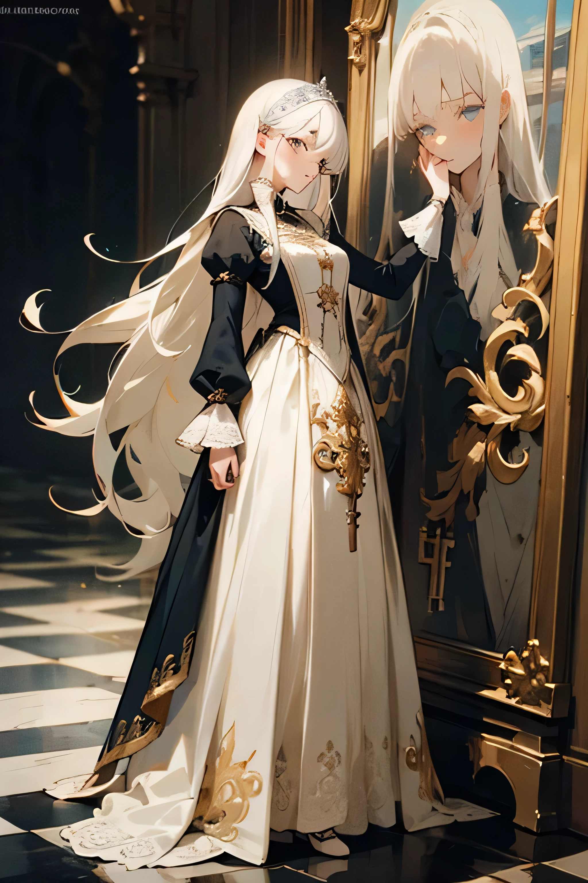 Detailed portrait of a young, modest girl with long, flowing white hair. She is wearing an ornate, Victorian-style dress with intricate lace and embroidered patterns. The dress has a high collar, long sleeves, and a floor-length skirt. The girl has a serene, thoughtful expression and is posed in a dignified, upright stance. The image should have a soft, romantic tone and pay close attention to the textural details of the dress and the girl’s delicate features.” This prompt provides specific details about the subject, clothing, pose, and overall aesthetic to guide the image generation. The key elements are the modest girl with long white hair, the very detailed and ornate Victorian-style dress, and the serene, thoughtful expression. The prompt also specifies a romantic, soft tone and attention to textural details.