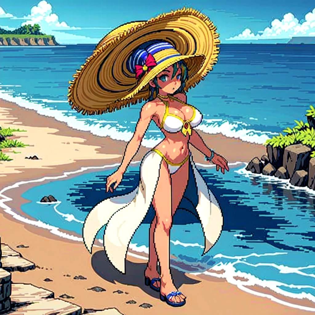 (masterpiece, top quality, best quality), pixel,pixel art,girl,big hat,swimsuit,beach,tanning skin,fullbody