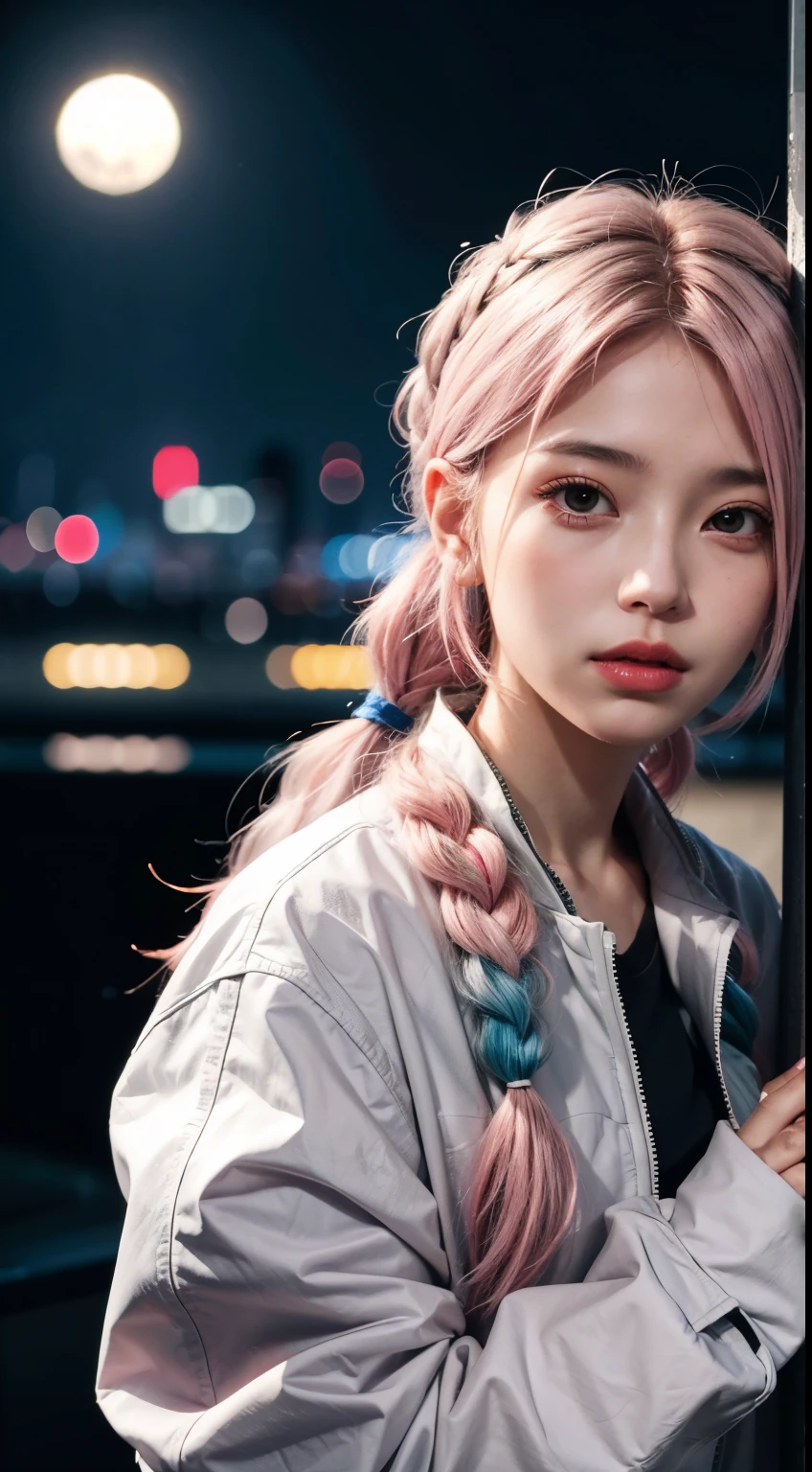  1 girl, scrunchie, hime cut, silver hair, colored ends, full moon, gray eyes, jacket, long sleeves, looking at viewer, mid-length hair, multi-colored hair, separate bangs, 2 braids on sides, parted lips, pink hair, portrait, red eyeliner, red lips, solo, white jacket, cyberpunk \(series\), rainy night in a cyberpunk city with bright neon lights