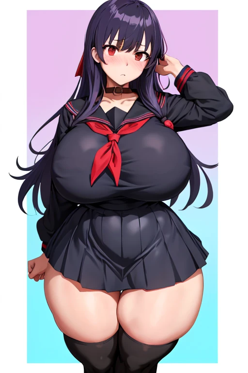 One Girl,{Knee-high socks}、(((Wide Hips)))、 (((Thick thighs)))、((Big Ass))、(Big Breasts) Embarrassed look、whole body、Sexy pose,Long Hair、skirt、青いskirt、(serafuku)、Red neckerchief、Black sailor collar、,shortstack