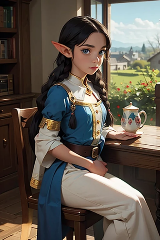 Artwork, best quality, 1 female elf, 1 girl, long black hair in braids, blue eyes, small bust, looking at the viewer, one piece, , palace, Alone, Beautiful 18 year old elf standing holding a cup, wearing Elf princess clothes, sitting at a table drinking tea patiently looking at the viewer