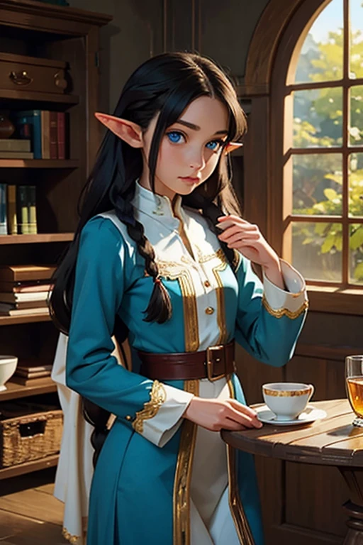 Artwork, best quality, 1 female elf, 1 girl, long black hair in braids, blue eyes, small bust, looking at the viewer, one piece, , palace, Alone, Beautiful 18 year old elf standing holding a cup, wearing Elf princess clothes, sitting at a table drinking tea patiently looking at the viewer