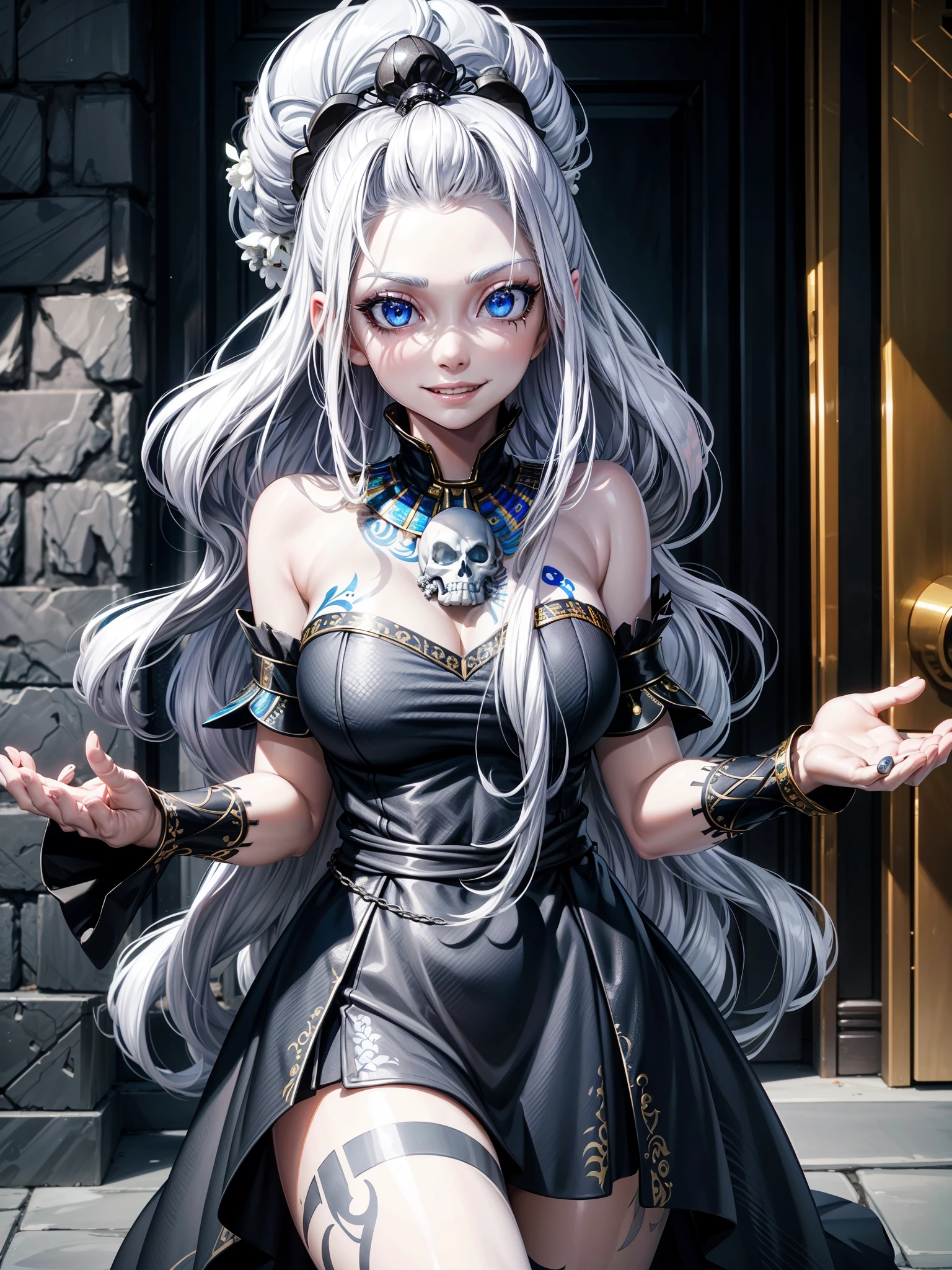 （8k uhd、masterpiece、最high quality、high quality、Super detailed）、girl、Long Hair、White Hair、blue eyes、White skin、Black makeup、（Flower and skull tattoo on arm）、Spectators Gazing、Wicked Smile、Egyptian clothing