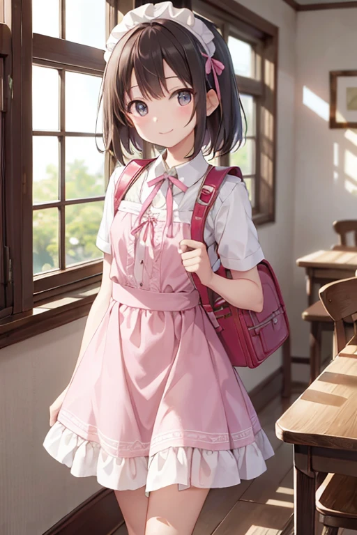 (Tabletop), highest quality, High resolution, Very detailed, Detailed Background, Perfect lighting, indoor, One Girl, small, View Viewer, , Maid clothes, Adorable smile, Carrying a pink school bag, (randoseru backpack:1.0)