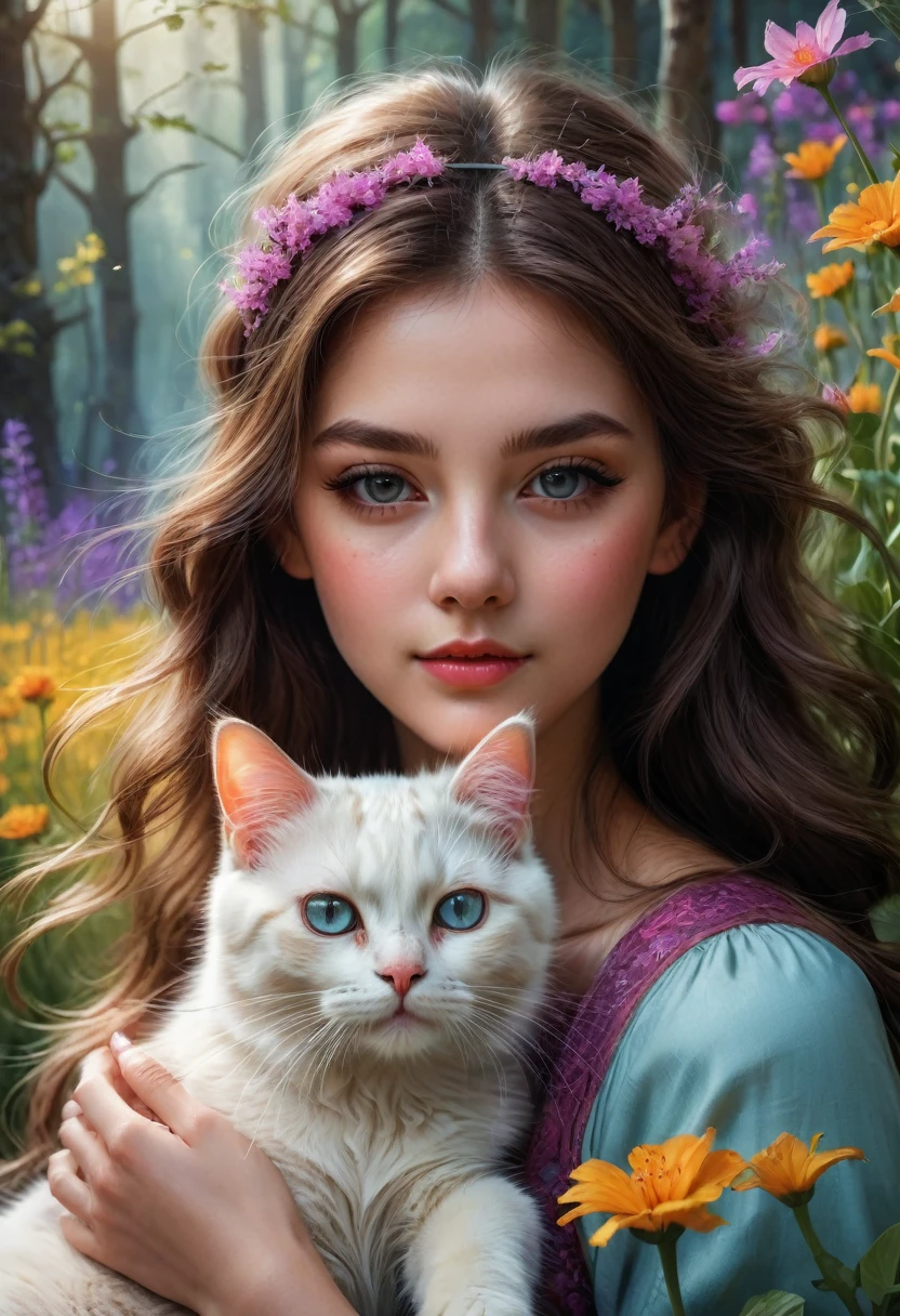 Girl with Cat, a beautiful girl with a cat, girl with a cute cat, girl petting a cat, girl in a flowery meadow with a cat, girl in a dreamy landscape with a cat, girl in a fantasy forest with a cat, photorealistic portrait of a girl and her cat, highly detailed digital painting of a girl and her feline companion, girl cuddling a cat in a serene natural setting, girl playing with a cat in a whimsical outdoor scene, (best quality,4k,8k,highres,masterpiece:1.2),ultra-detailed,(realistic,photorealistic,photo-realistic:1.37),vivid colors,intricate details,natural lighting,warm color palette,soft focus,beautiful detailed eyes,beautiful detailed lips,extremely detailed eyes and face,longeyelashes,1girl,cat,flower field,fantasy landscape,vibrant colors,depth of field,cinematic lighting