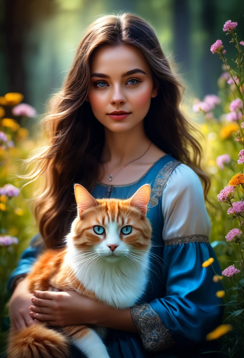 Girl with Cat, a beautiful girl with a cat, girl with a cute cat, girl petting a cat, girl in a flowery meadow with a cat, girl in a dreamy landscape with a cat, girl in a fantasy forest with a cat, photorealistic portrait of a girl and her cat, highly detailed digital painting of a girl and her feline companion, girl cuddling a cat in a serene natural setting, girl playing with a cat in a whimsical outdoor scene, (best quality,4k,8k,highres,masterpiece:1.2),ultra-detailed,(realistic,photorealistic,photo-realistic:1.37),vivid colors,intricate details,natural lighting,warm color palette,soft focus,beautiful detailed eyes,beautiful detailed lips,extremely detailed eyes and face,longeyelashes,1girl,cat,flower field,fantasy landscape,vibrant colors,depth of field,cinematic lighting